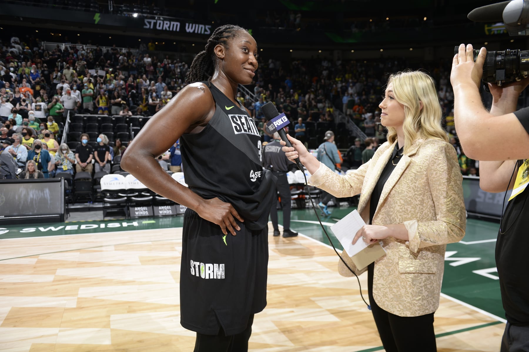 SEATTLE, WA - JULY 24: Tina Charles #31 of the Seattle Storm interviews after the game against the Atlanta Dream on July 24, 2022 at the Climate Pledge Arena in Seattle, Washington. NOTE TO USER: User expressly acknowledges and agrees that, by downloading and or using this photograph, User is consenting to the terms and conditions of the Getty Images License Agreement. Mandatory Copyright Notice: Copyright 2022 NBAE (Photo by David Dow/NBAE via Getty Images)