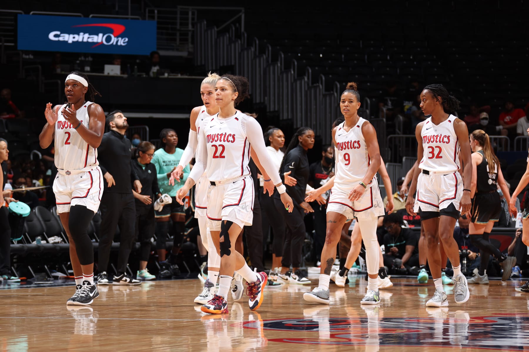 WASHINGTON, DC - JULY 21: The players of the Washington Mystics look on during the game against the New York Liberty on July 21, 2022 at Capital One Arena in Washington, DC. NOTE TO USER: User expressly acknowledges and agrees that, by downloading and or using this Photograph, user is consenting to the terms and conditions of the Getty Images License Agreement. Mandatory Copyright Notice: Copyright 2022 NBAE (Photo by Stephen Gosling/NBAE via Getty Images)