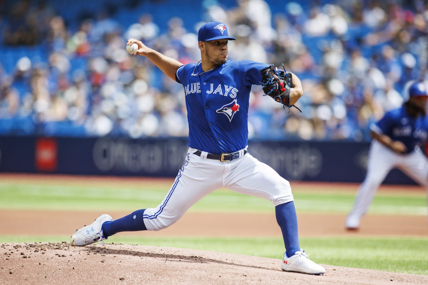 TORONTO, ON - JULY 17: Jose Berrios #17 of the Toronto Blue Jays pitches in the first inning of their MLB game against the Kansas City Royals at Rogers Centre on July 17, 2022 in Toronto, Canada. (Photo by Cole Burston/Getty Images)