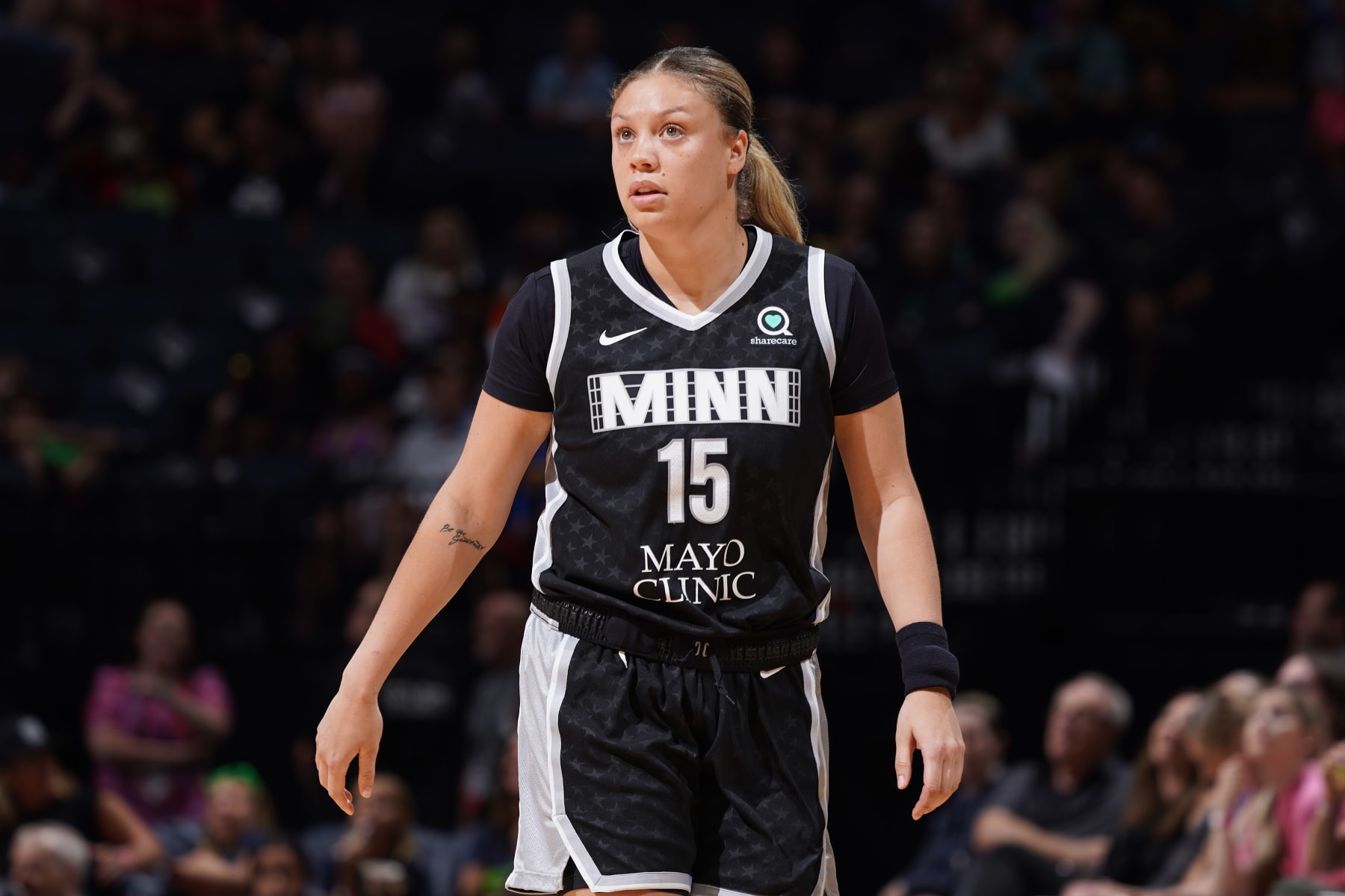 MINNEAPOLIS, MN -  JULY 22: Rachel Banham #15 of the Minnesota Lynx looks on during the game against the Connecticut Sun on July 22, 2022 at Target Center in Minneapolis, Minnesota. NOTE TO USER: User expressly acknowledges and agrees that, by downloading and or using this Photograph, user is consenting to the terms and conditions of the Getty Images License Agreement. Mandatory Copyright Notice: Copyright 2022 NBAE (Photo by Jordan Johnson/NBAE via Getty Images)
