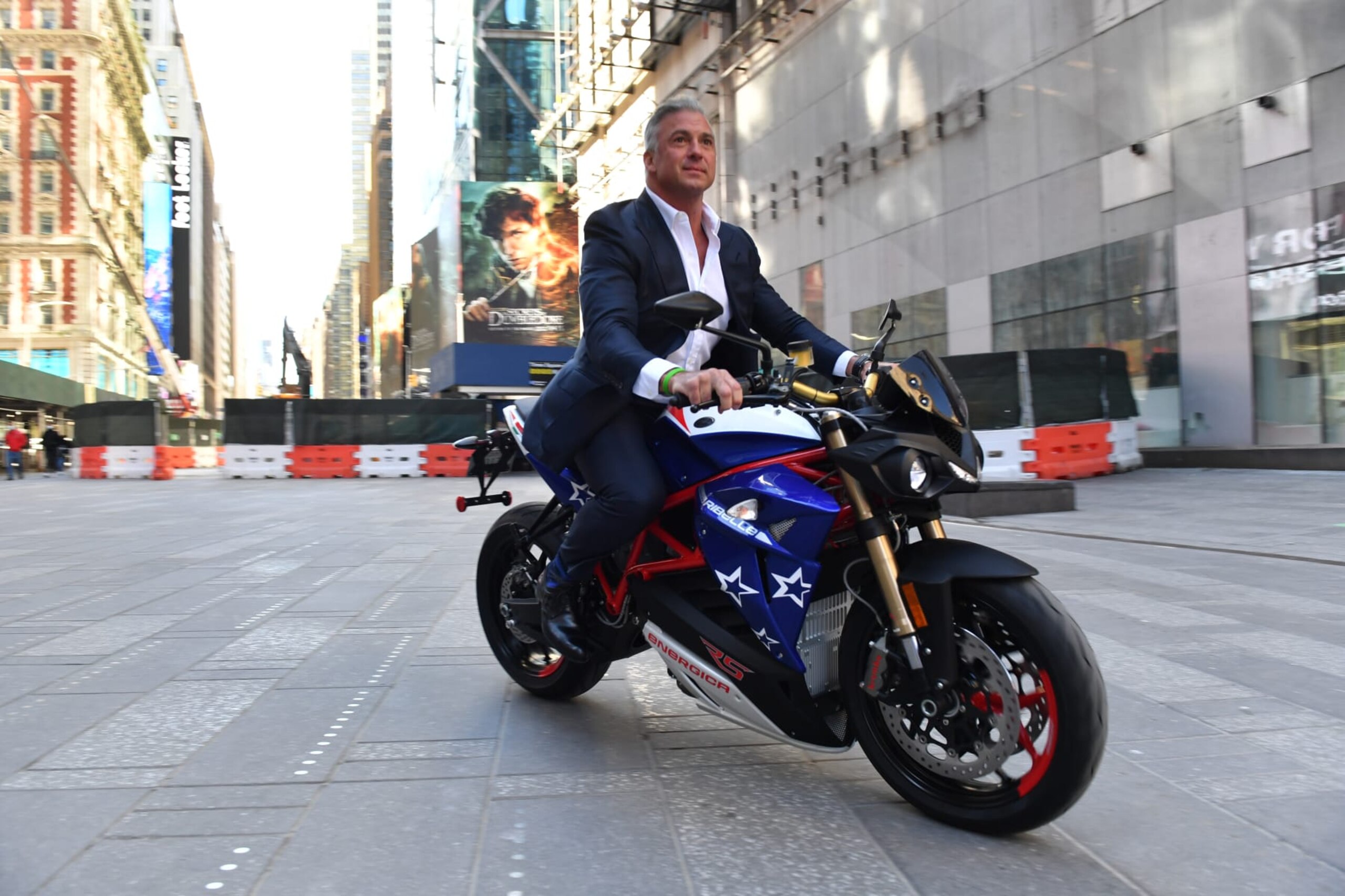 NEW YORK, NEW YORK - APRIL 11: Shane McMahon, Executive Chairman, Ideanomics rides the Energica bike as he participates in the Ideanomics (NASDAQ: IDEX) and Energica Motor Company: "Evolving the Road Ahead" Analyst Day at NASDAQ NYC on April 11, 2022 in New York City. (Photo by Noam Galai/Getty Images for Ideanomics)