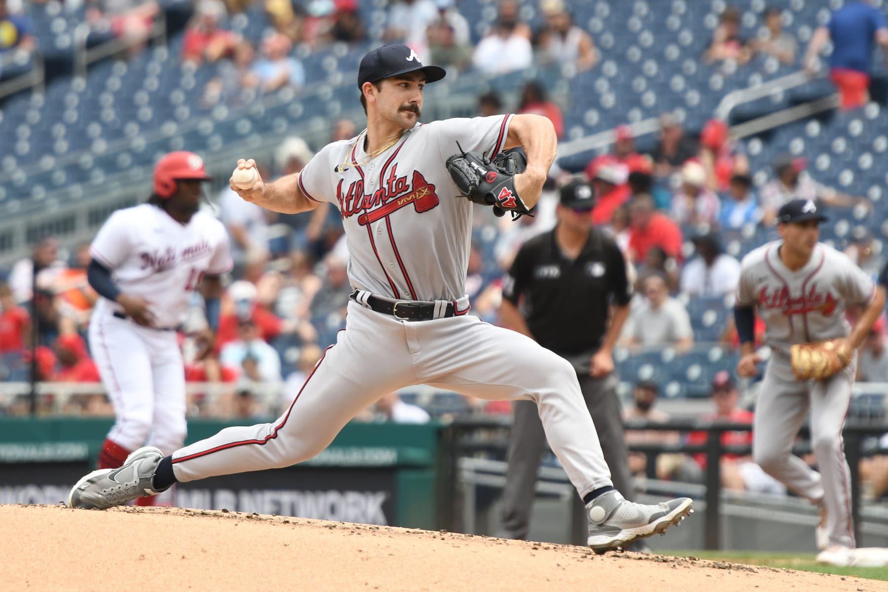 WASHINGTON, DC - JULY 17:  Spencer Strider #65 of the Atlanta Braves during a baseball game against the Washington Nationals at Nationals Park on July 17, 2022 in Washington, DC.  (Photo by Mitchell Layton/Getty Images)