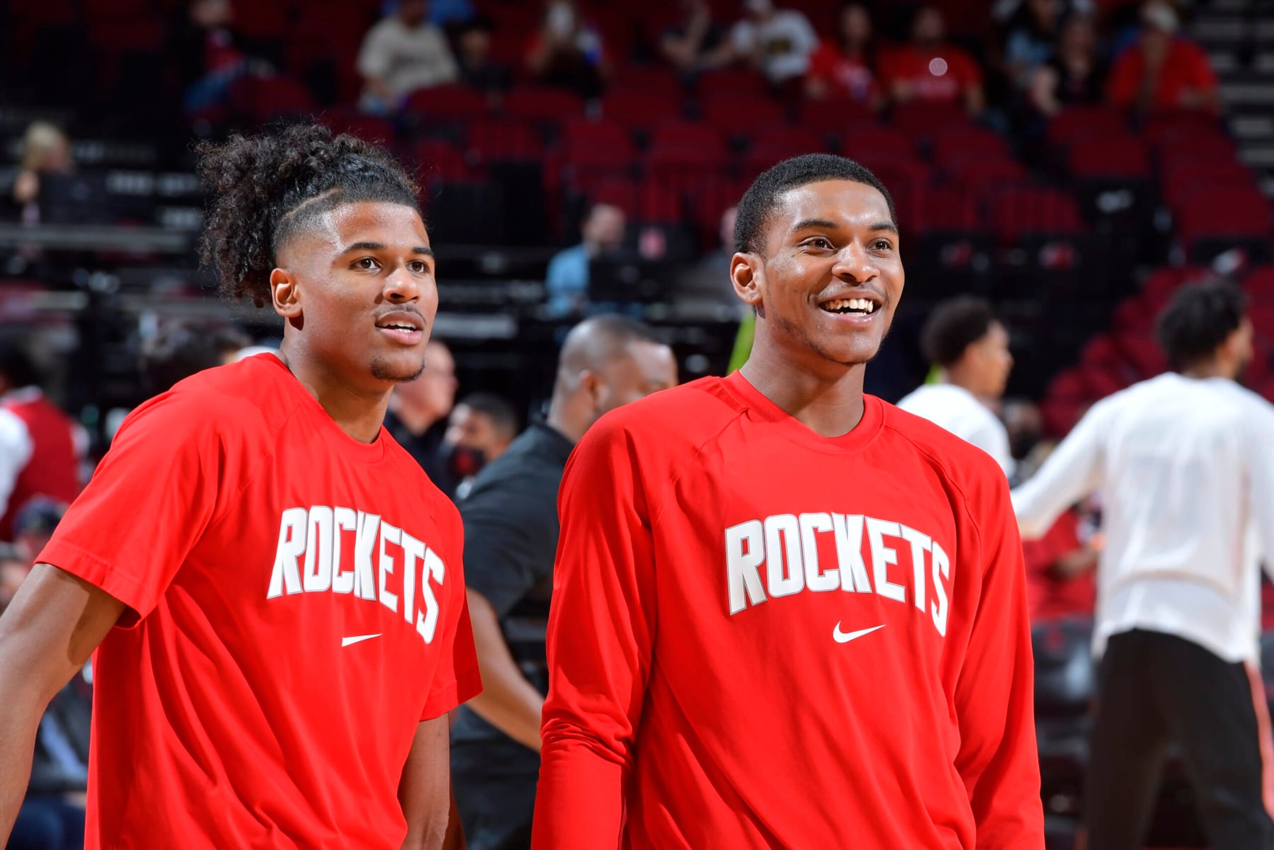 HOUSTON, TX - MARCH 28: Jalen Green #0 of the Houston Rockets and Kevin Porter Jr. #3 looks on during the game against the San Antonio Spurs on March 28, 2022 at the Toyota Center in Houston, Texas. NOTE TO USER: User expressly acknowledges and agrees that, by downloading and or using this photograph, User is consenting to the terms and conditions of the Getty Images License Agreement. Mandatory Copyright Notice: Copyright 2022 NBAE (Photo by Logan Riely/NBAE via Getty Images) HOUSTON, TX - MARCH 28: Jalen Green #0 of the Houston Rockets and Kevin Porter Jr. #3 looks on during the game against the San Antonio Spurs on March 28, 2022 at the Toyota Center in Houston, Texas. NOTE TO USER: User expressly acknowledges and agrees that, by downloading and or using this photograph, User is consenting to the terms and conditions of the Getty Images License Agreement. Mandatory Copyright Notice: Copyright 2022 NBAE (Photo by Logan Riely/NBAE via Getty Images)