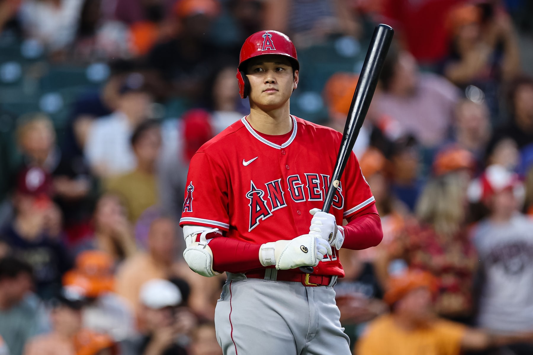 BALTIMORE, MD - JULY 08: Shohei Ohtani #17 of the Los Angeles Angels looks on during the third inning against the Baltimore Orioles at Oriole Park at Camden Yards on July 8, 2022 in Baltimore, Maryland. (Photo by Scott Taetsch/Getty Images)