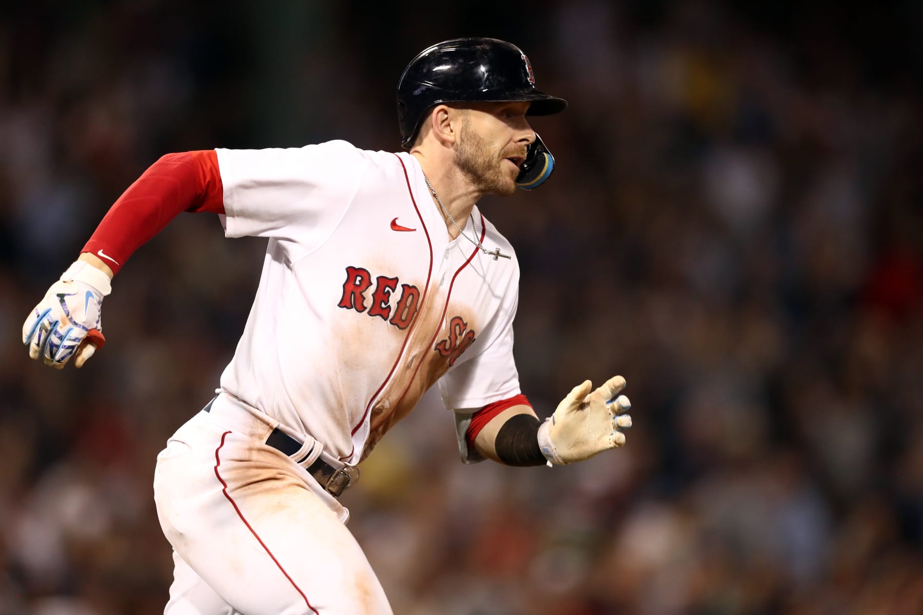 BOSTON, MA - JULY 10:  Trevor Story #10 of the Boston Red Sox hits a three-run double in the seventh inning during the game between the New York Yankees and the Boston Red Sox at Fenway Park on Sunday, July 10, 2022 in Boston, Massachusetts. (Photo by Adam Glanzman/MLB Photos via Getty Images)