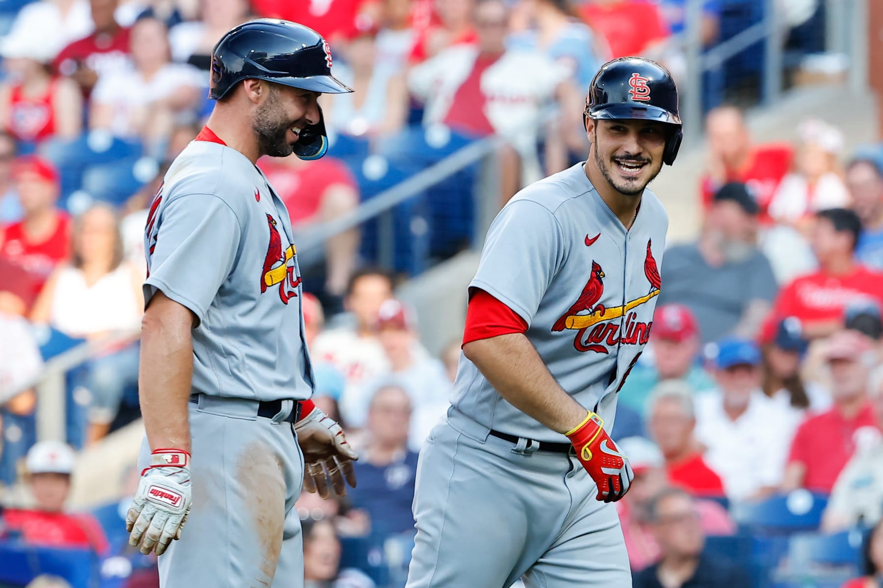 PHILADELPHIA, PA - JULY 01:  St. Louis Cardinals third baseman Nolan Arenado (28) is congratulated by St. Louis Cardinals first baseman Paul Goldschmidt (46) after he hits a home run in the 3rd inning and would go on and hit for the cycle during the Major League Baseball game between the Philadelphia Phillies and the St. Louis Cardinals on July 1, 2022 at Citizens Bank Park in Philadelphia, Pennsylvania.   (Photo by Rich Graessle/Icon Sportswire via Getty Images)