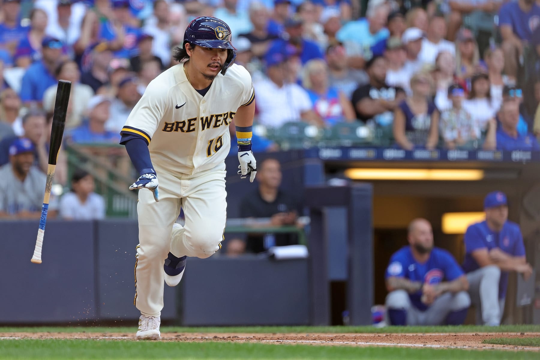 MILWAUKEE, WISCONSIN - JULY 06: Keston Hiura #18 of the Milwaukee Brewers at bat during a game against the Chicago Cubs at American Family Field on July 06, 2022 in Milwaukee, Wisconsin. The Cubs defeated the Brewers 2-1. (Photo by Stacy Revere/Getty Images)