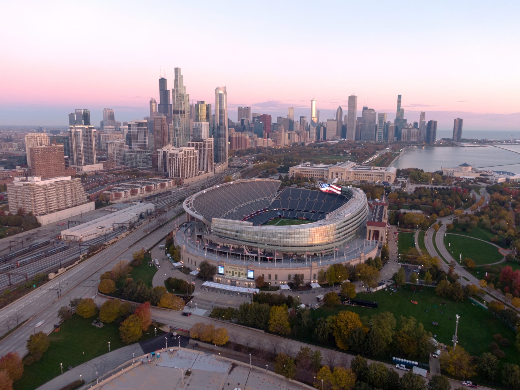 CHICAGO, ILLINOIS - OCTOBER 31: In this aerial view, Soldier Field is seen in front of the Chicago skyline before a game between the Chicago Bears and the San Francisco 49ers at Soldier Field on October 31, 2021 in Chicago, Illinois. (Photo by Quinn Harris/Getty Images)