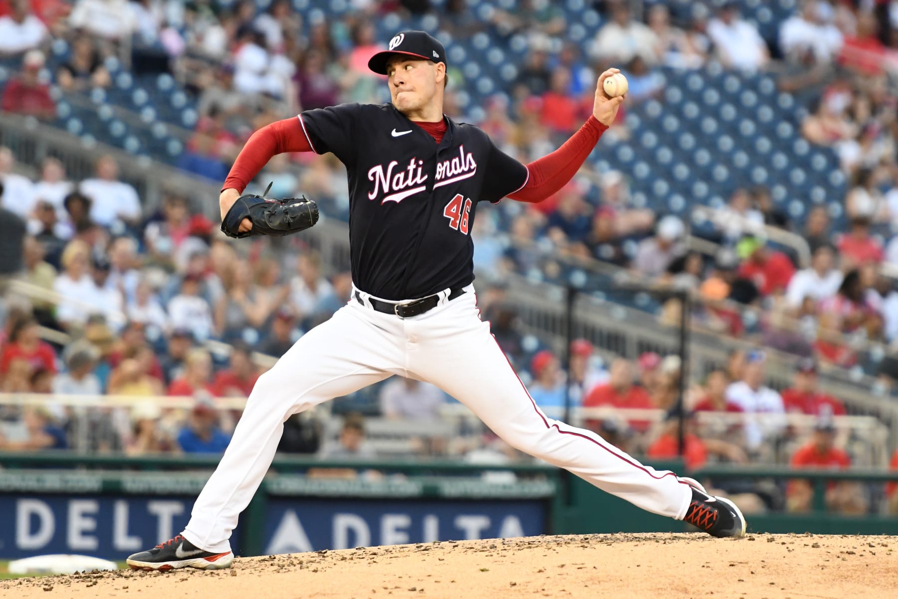 WASHINGTON, DC - JULY 15:  Patrick Corbin #46 of the Washington Nationals pitches during a baseball game against the Atlanta Braves at Nationals Park on July 15, 2022 in Washington, DC.  (Photo by Mitchell Layton/Getty Images)