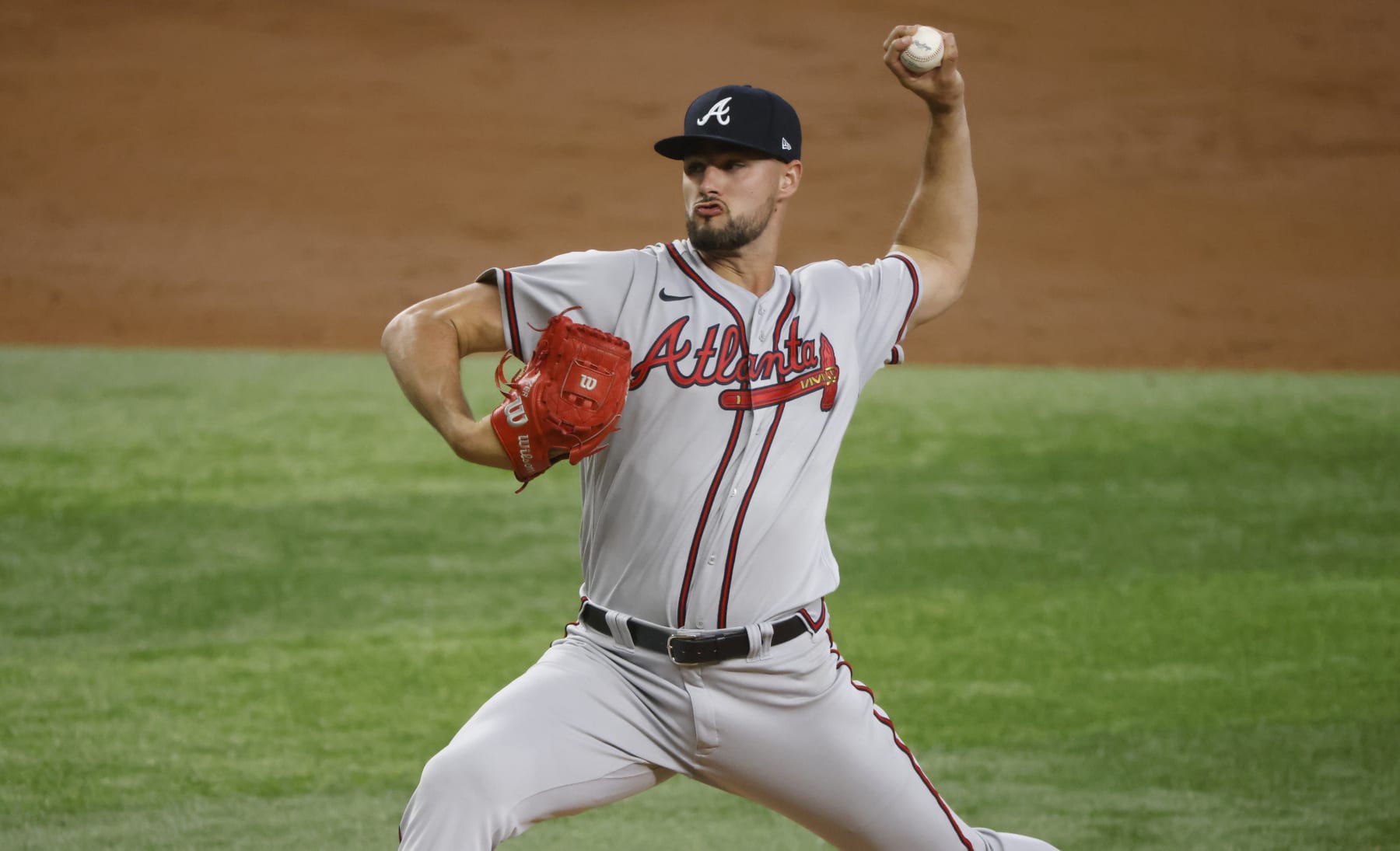 ARLINGTON, TX - MAY  1: Kyle Muller #66 of the Atlanta Braves pitches against the Texas Rangers during the second inning  at Globe Life Field on May 1, 2022 in Arlington, Texas. (Photo by Ron Jenkins/Getty Images)