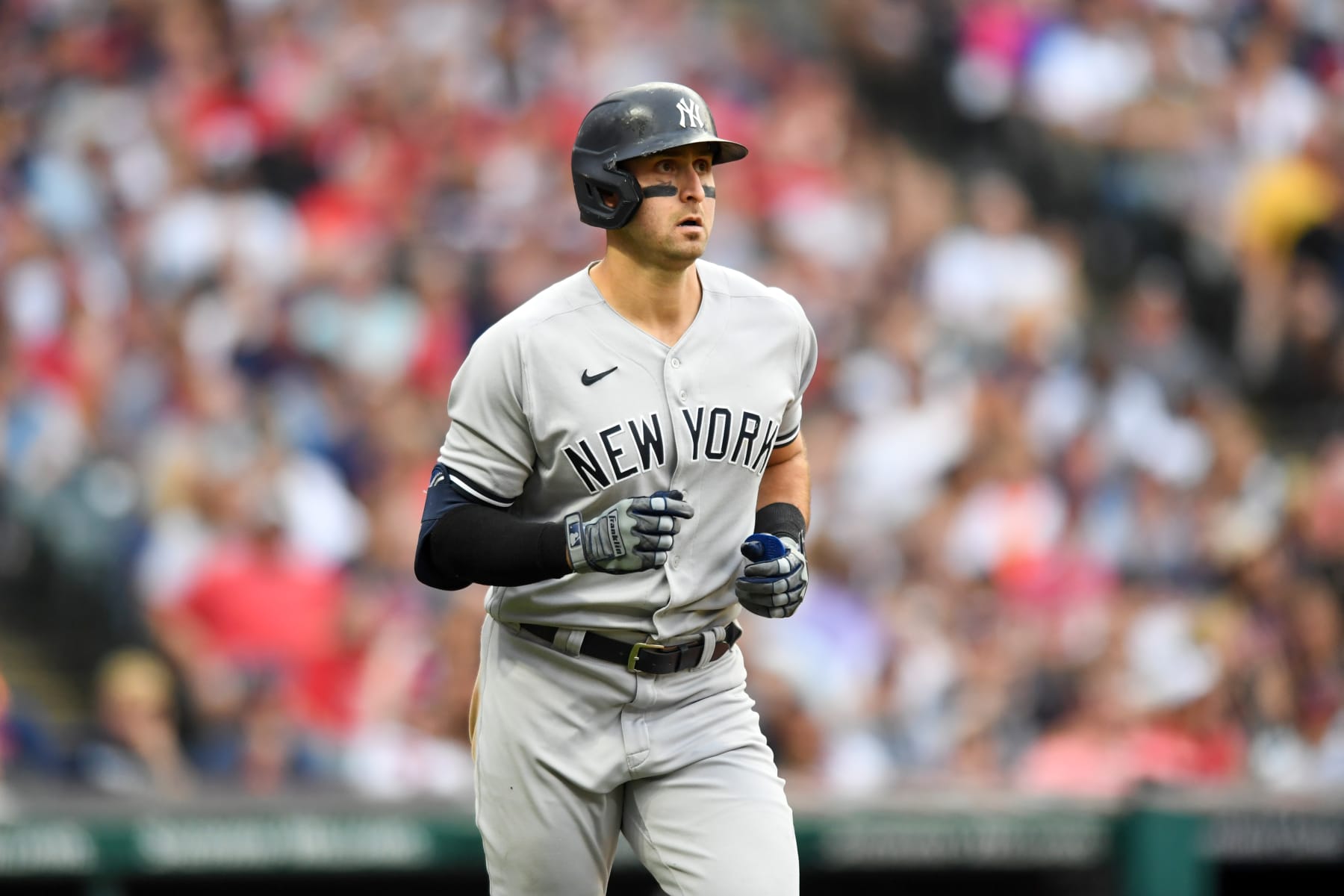 CLEVELAND, OH - JULY 02: Joey Gallo #13 of the New York Yankees draws a walk during the seventh inning in game two of a doubleheader against the Cleveland Guardians at Progressive Field on July 2, 2022 in Cleveland, Ohio. (Photo by Nick Cammett/Diamond Images via Getty Images)