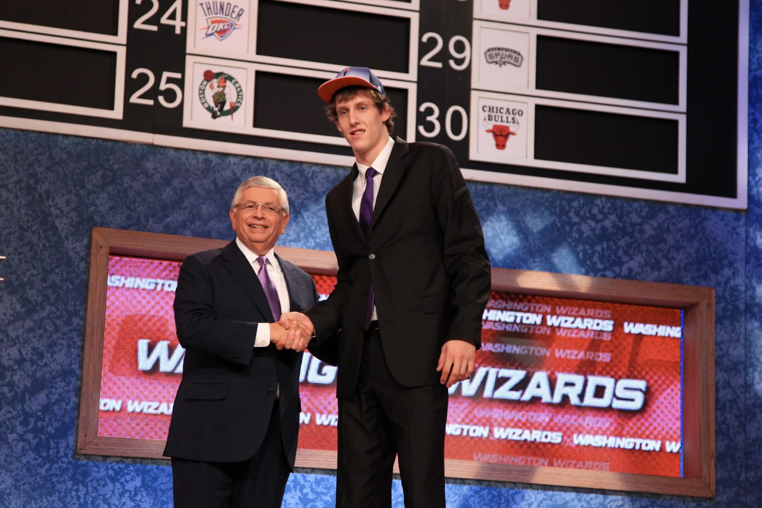 NEWARK, NJ - JUNE 23: Jan Vesely shakes hands with NBA Commissioner David Stern after being selected number six overall by the Washington Wizards during the 2011 NBA Draft Presented by KIA at the Prudential Center on June 23, 2011 in Newark, New Jersey. NOTE TO USER: User expressly acknowledges and agrees that, by downloading and or using this photograph, User is consenting to the terms and conditions of the Getty Images License Agreement. Mandatory Copyright Notice: Copyright 2011 NBAE (Photo by Nathaniel S. Butler/NBAE via Getty Images)