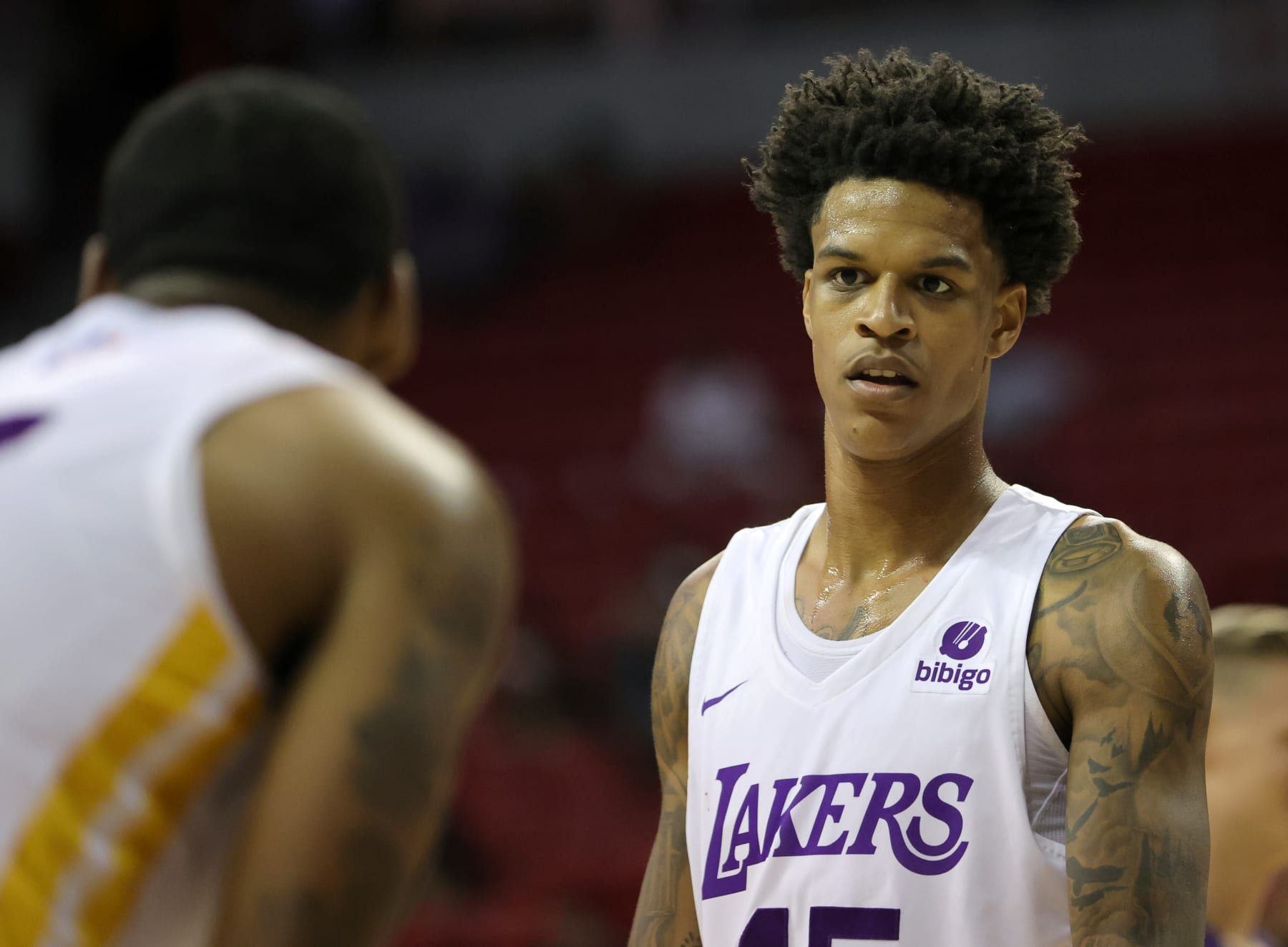 LAS VEGAS, NEVADA - JULY 08: Shareef O'Neal #45 of the Los Angeles Lakers stands on the court during a break in a game against the Phoenix Suns during the 2022 NBA Summer League at the Thomas & Mack Center on July 08, 2022 in Las Vegas, Nevada. NOTE TO USER: User expressly acknowledges and agrees that, by downloading and or using this photograph, User is consenting to the terms and conditions of the Getty Images License Agreement. (Photo by Ethan Miller/Getty Images)