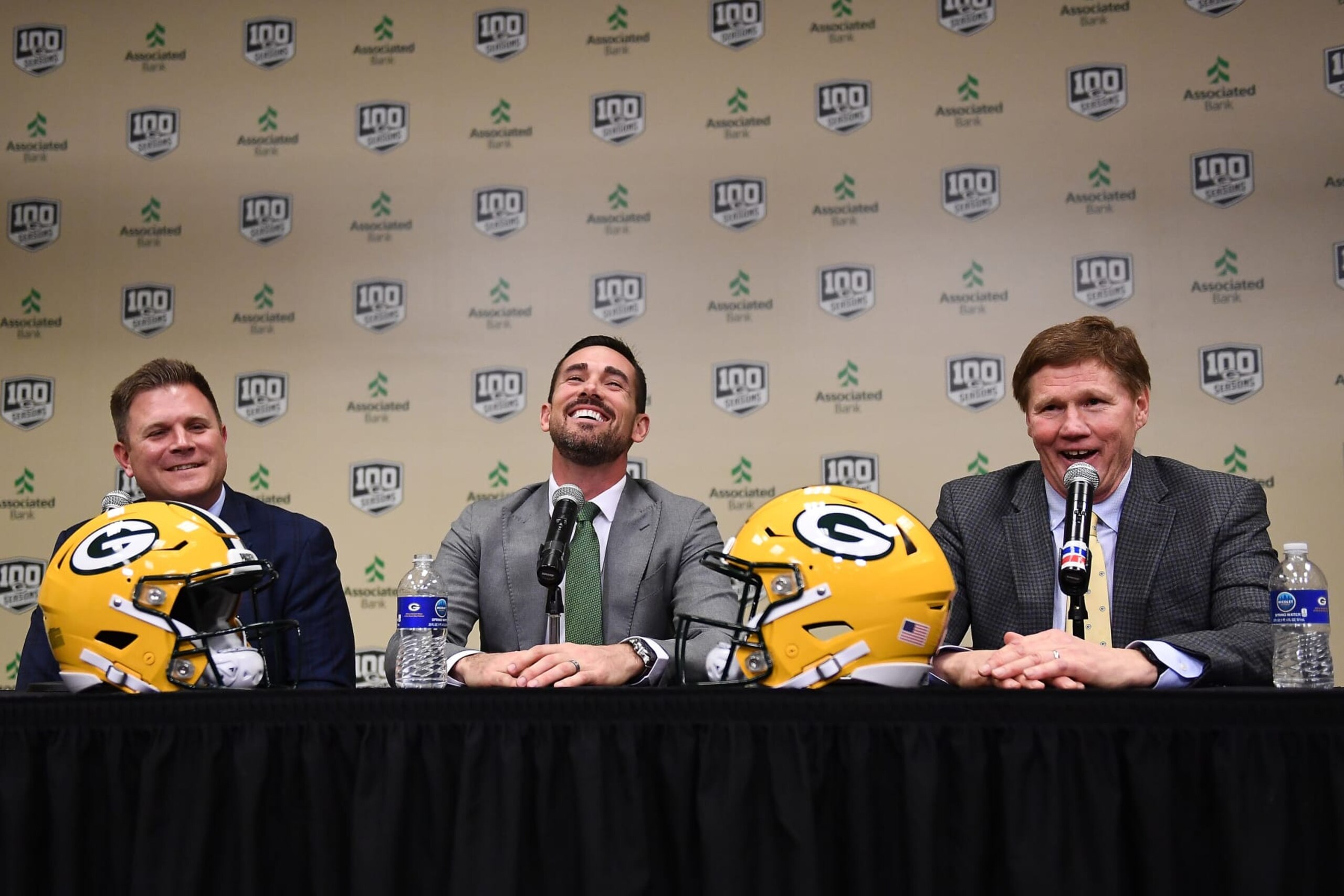 GREEN BAY, WISCONSIN - JANUARY 09:  (L-R) General manager Brian Gutekunst, head coach Matt LaFleur and President and CEO Mark Murphy of the Green Bay Packers speak to the media during a press conference introducing Matt LaFleur as head coach at Lambeau Field on January 09, 2019 in Green Bay, Wisconsin. (Photo by Stacy Revere/Getty Images)