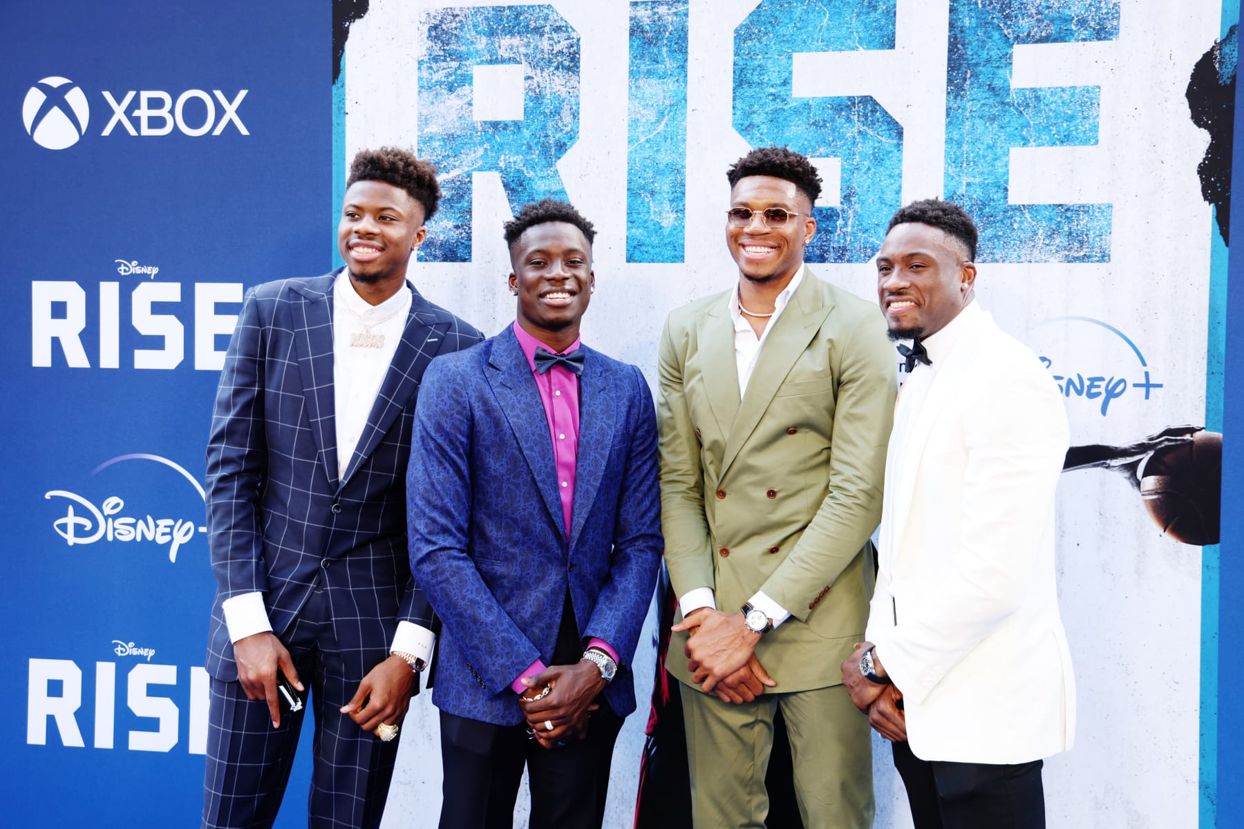 BURBANK, CALIFORNIA - JUNE 22: (L-R) Kostas Antetokounmpo, Alex Antetokounmpo, Giannis Antetokounmpo and  Thanasis Antetokounmpo attend Disney+ "Rise" Los Angeles Premiere at Walt Disney Studios Main Theater on June 22, 2022 in Burbank, California. (Photo by Leon Bennett/Getty Images)