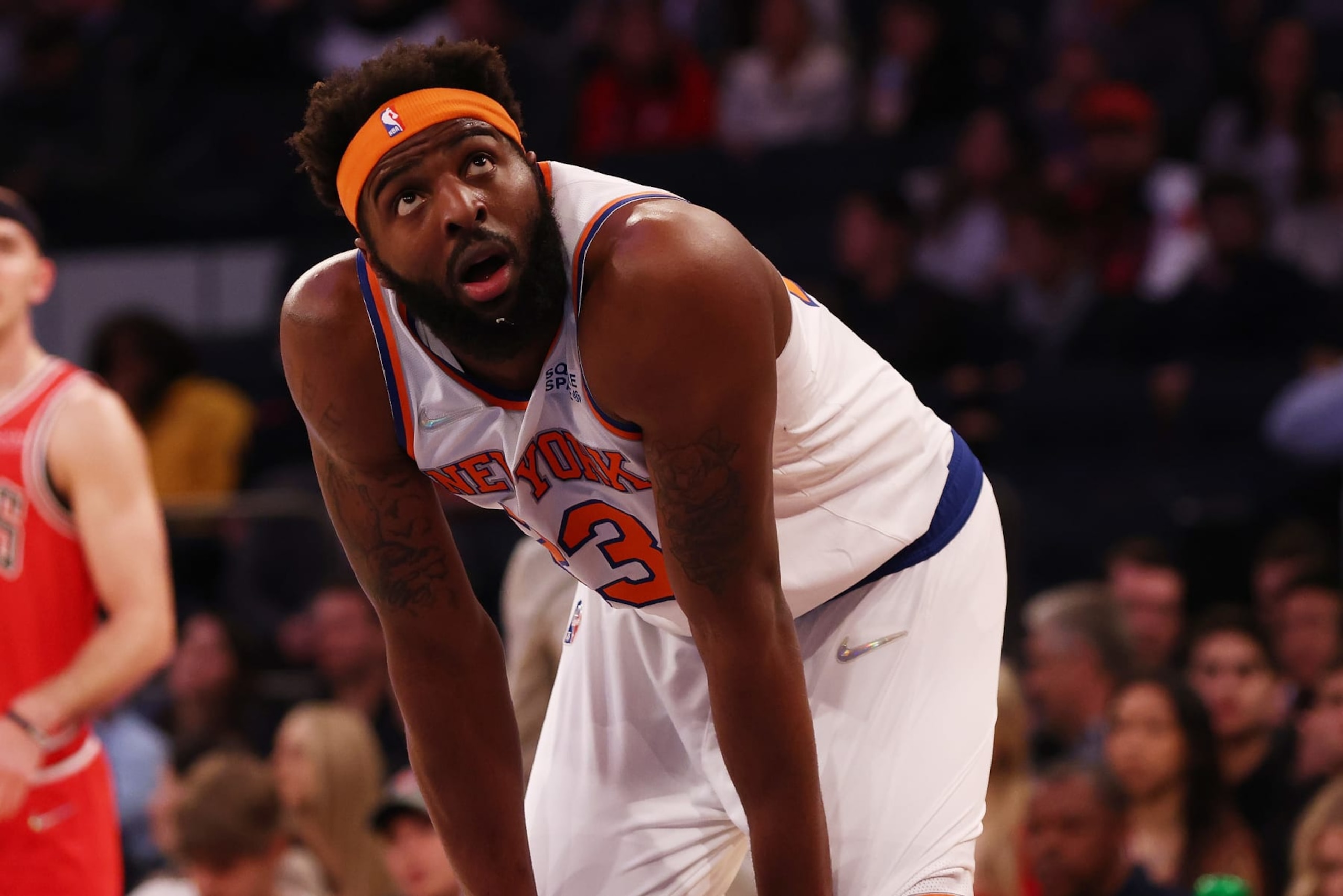 NEW YORK, NEW YORK - MARCH 28: Mitchell Robinson #23 of the New York Knicks in action against the Chicago Bulls at Madison Square Garden on March 28, 2022 in New York City. NOTE TO USER: User expressly acknowledges and agrees that, by downloading and or using this photograph, User is consenting to the terms and conditions of the Getty Images License Agreement. New York Knicks defeated the Chicago Bulls 109-104. (Photo by Mike Stobe/Getty Images) NEW YORK, NEW YORK - MARCH 28: Mitchell Robinson #23 of the New York Knicks in action against the Chicago Bulls at Madison Square Garden on March 28, 2022 in New York City. NOTE TO USER: User expressly acknowledges and agrees that, by downloading and or using this photograph, User is consenting to the terms and conditions of the Getty Images License Agreement. New York Knicks defeated the Chicago Bulls 109-104. (Photo by Mike Stobe/Getty Images)