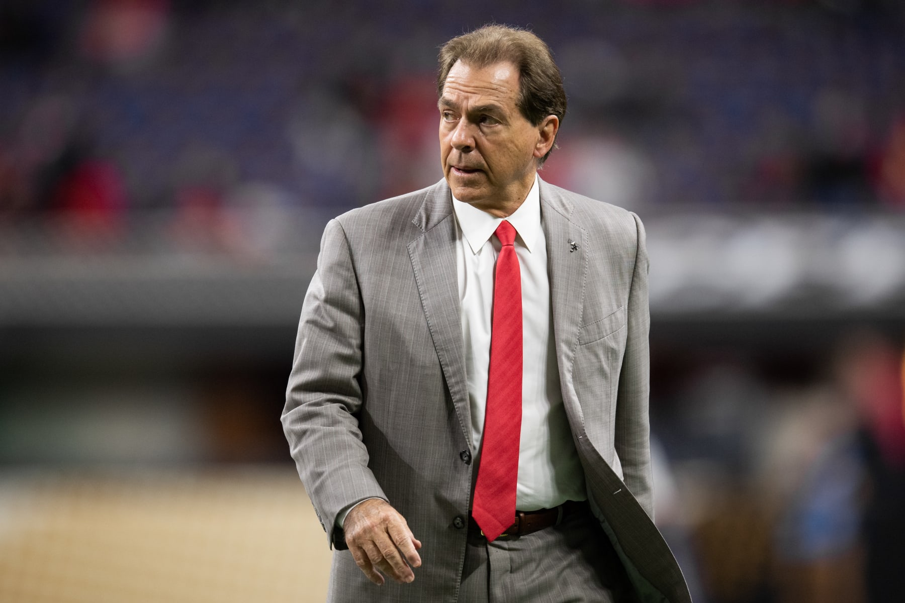 INDIANAPOLIS, IN - JANUARY 10: Alabama Crimson Tide head coach Nick Saban walks on the field before the Alabama Crimson Tide versus the Georgia Bulldogs in the College Football Playoff National Championship, on January 10, 2022, at Lucas Oil Stadium in Indianapolis, IN. (Photo by Zach Bolinger/Icon Sportswire via Getty Images)