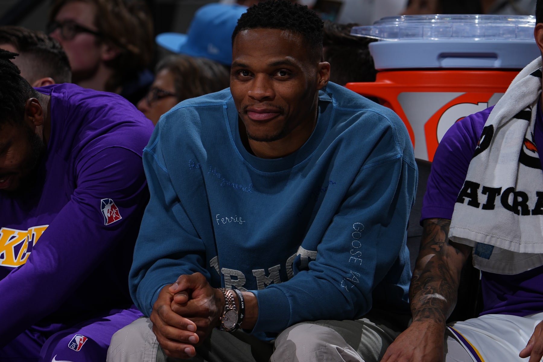 DENVER, CO - APRIL 10: Russell Westbrook #0 of the Los Angeles Lakers looks on during the game against the Denver Nuggets on April 1, 2022 at the Ball Arena in Denver, Colorado. NOTE TO USER: User expressly acknowledges and agrees that, by downloading and/or using this Photograph, user is consenting to the terms and conditions of the Getty Images License Agreement. Mandatory Copyright Notice: Copyright 2022 NBAE (Photo by Bart Young/NBAE via Getty Images)