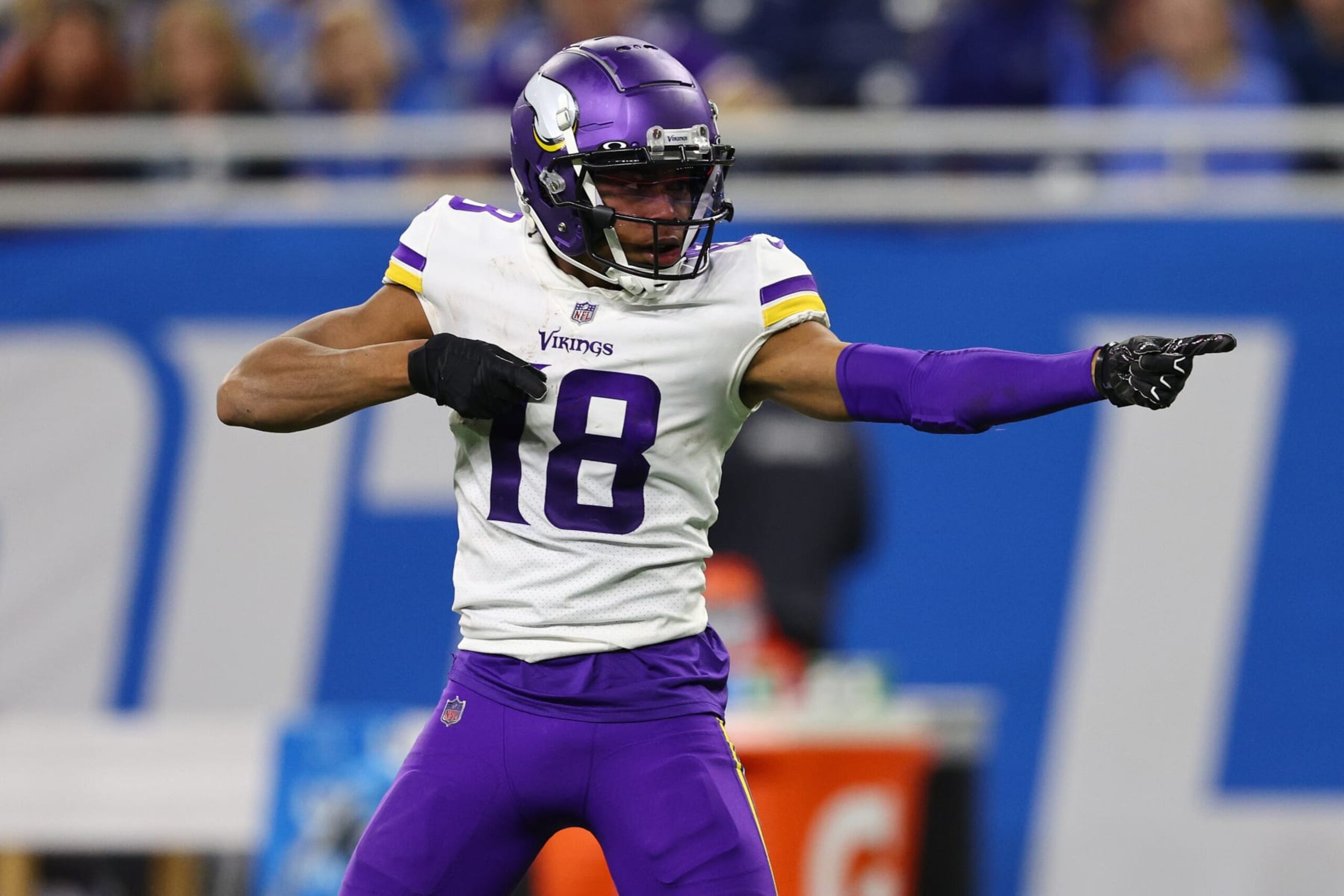 DETROIT, MICHIGAN - DECEMBER 05: Justin Jefferson #18 of the Minnesota Vikings plays against the Detroit Lions at Ford Field on December 05, 2021 in Detroit, Michigan. (Photo by Gregory Shamus/Getty Images)