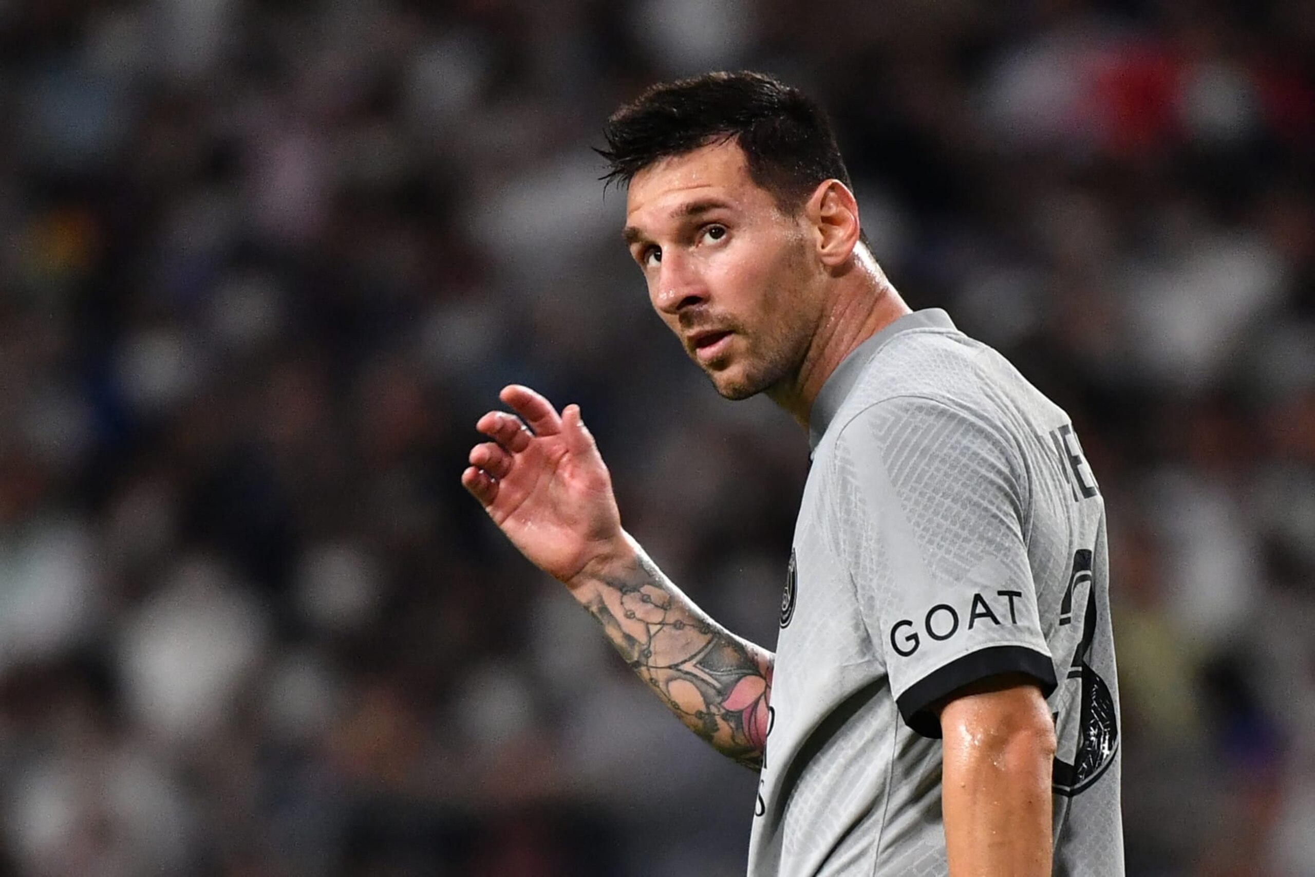 Paris Saint-Germain's Argentinian forward Lionel Messi reacts after his shoot during PSG's Japan Tour football match against Gamba Osaka at Suita stadium in Osaka on July 25, 2022. (Photo by Kazuhiro NOGI / AFP) (Photo by KAZUHIRO NOGI/AFP via Getty Images)
