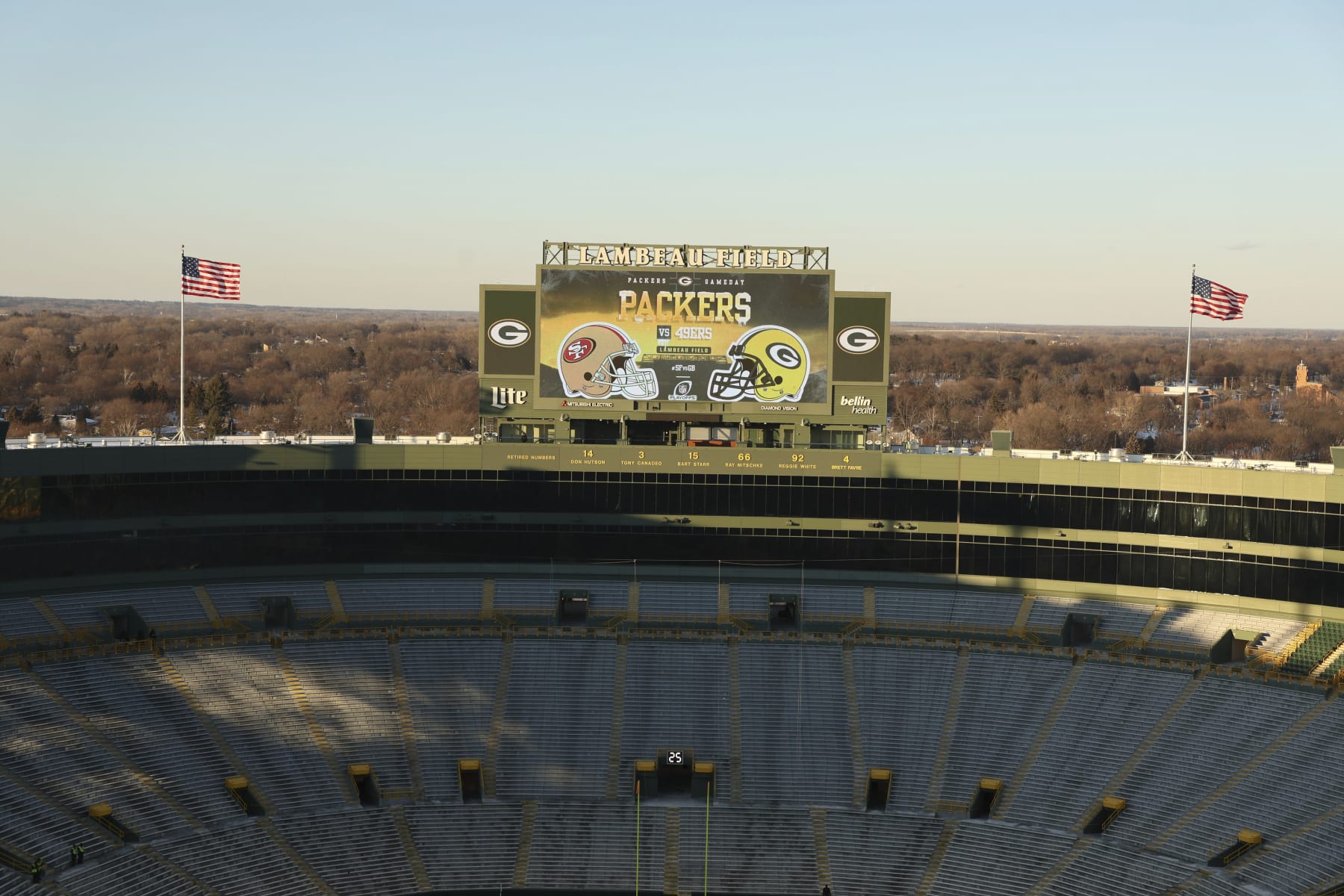 Football: NFL Playoffs: View of Lambeau Field scoreboard before Green Bay Packers vs San Francisco 49ers game. Green Bay, WI 1/22/2022 CREDIT: Jeff Haynes (Photo by Jeff Haynes/Sports Illustrated via Getty Images) (Set Number: X163912 TK`1)