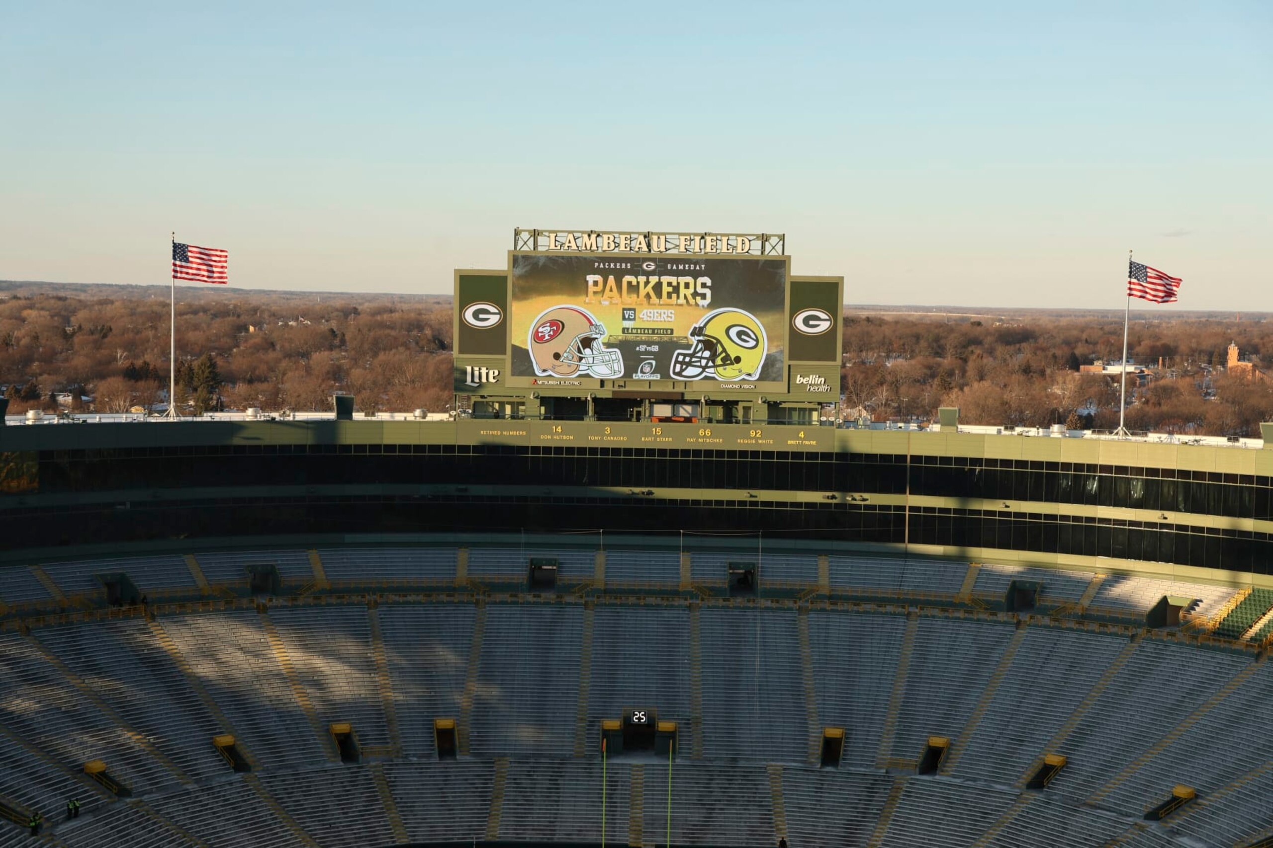 Football: NFL Playoffs: View of Lambeau Field scoreboard before Green Bay Packers vs San Francisco 49ers game. Green Bay, WI 1/22/2022 CREDIT: Jeff Haynes (Photo by Jeff Haynes/Sports Illustrated via Getty Images) (Set Number: X163912 TK`1)