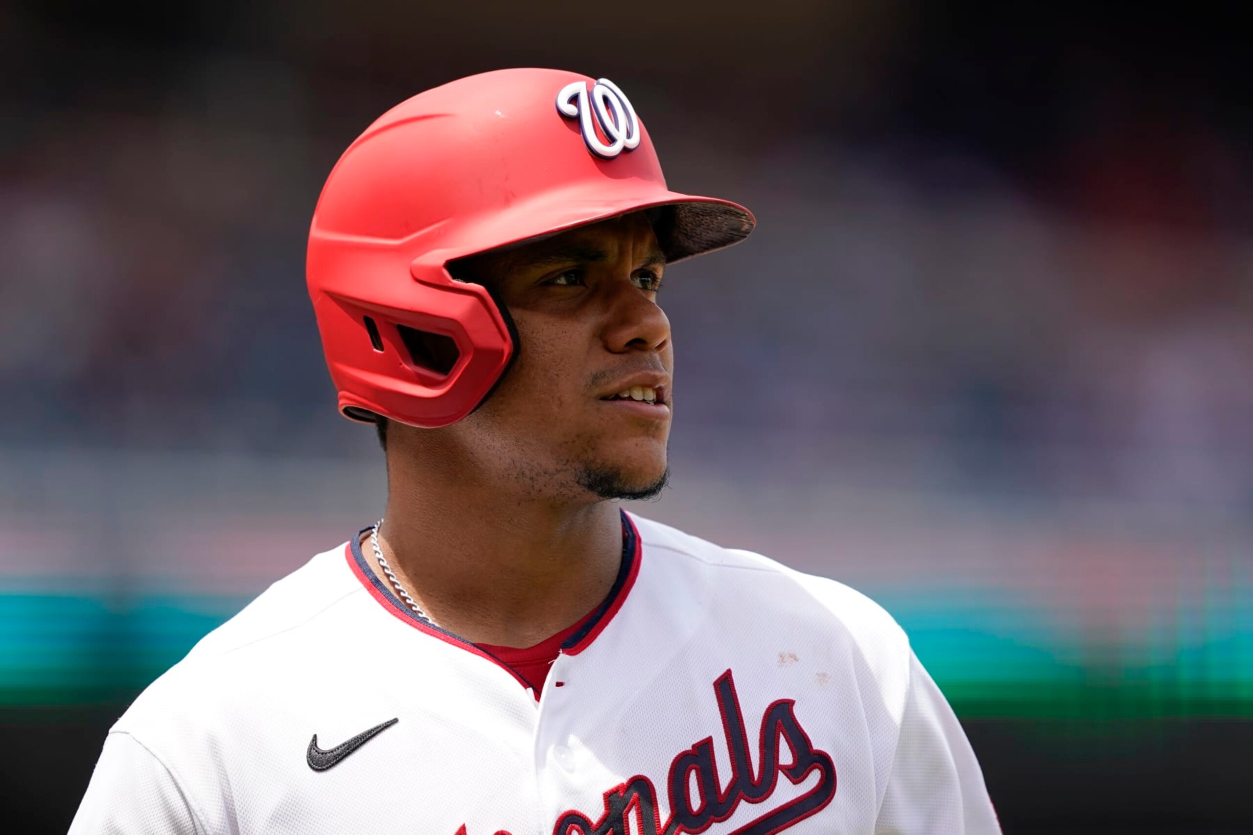Washington Nationals' Juan Soto prepares for an at-bat in the first game of a baseball doubleheader against the Seattle Mariners, Wednesday, July 13, 2022, in Washington. (AP Photo/Patrick Semansky)