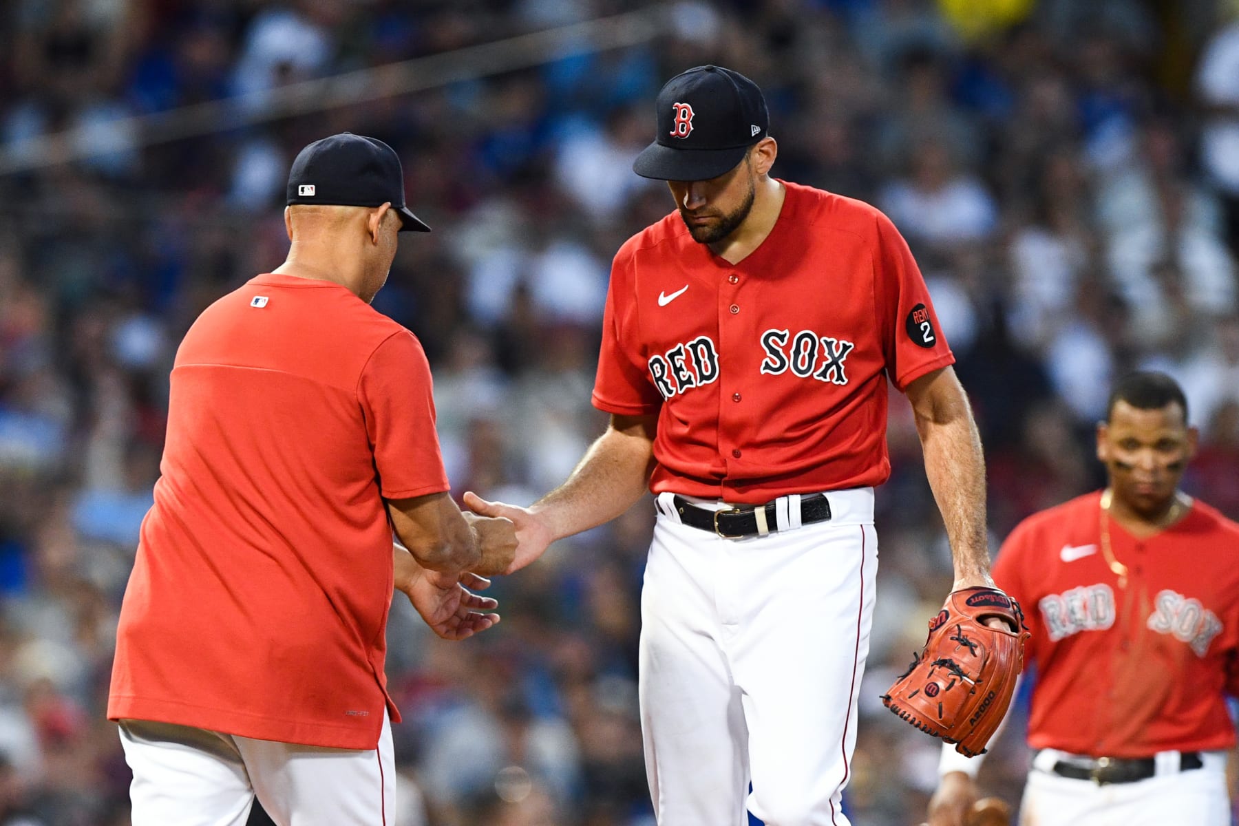 BOSTON, MASSACHUSETTS - JULY 22: Nathan Eovaldi #17 of the Boston Red Sox is taken out of a game by Alex Cora during the third inning against the Toronto Blue Jays at Fenway Park on July 22, 2022 in Boston, Massachusetts. (Photo by Brian Fluharty/Getty Images)