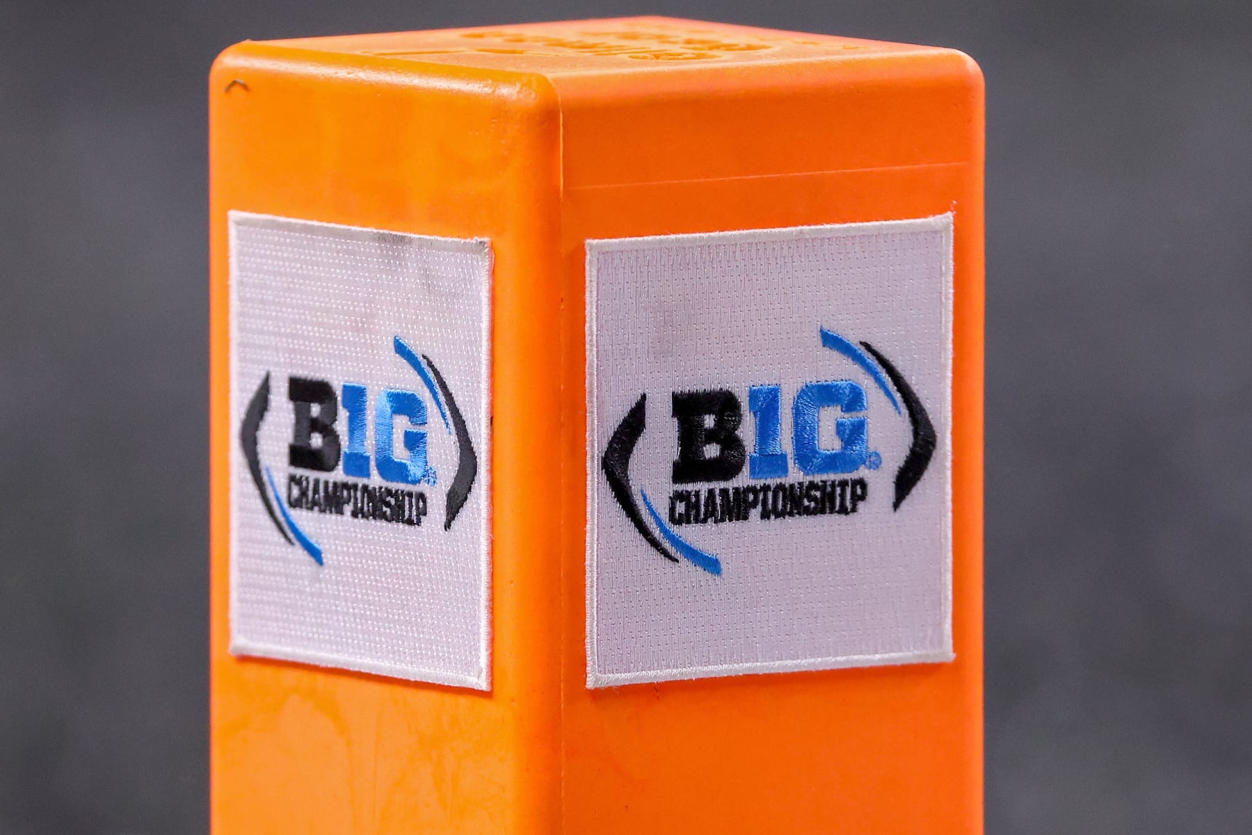 INDIANAPOLIS, INDIANA - DECEMBER 04: A detail view of the Big Ten Championship logo on an end zone pylon during the Big Ten Championship between the Michigan Wolverines and the Iowa Hawkeyes game at Lucas Oil Stadium on December 04, 2021 in Indianapolis, Indiana. (Photo by Dylan Buell/Getty Images)