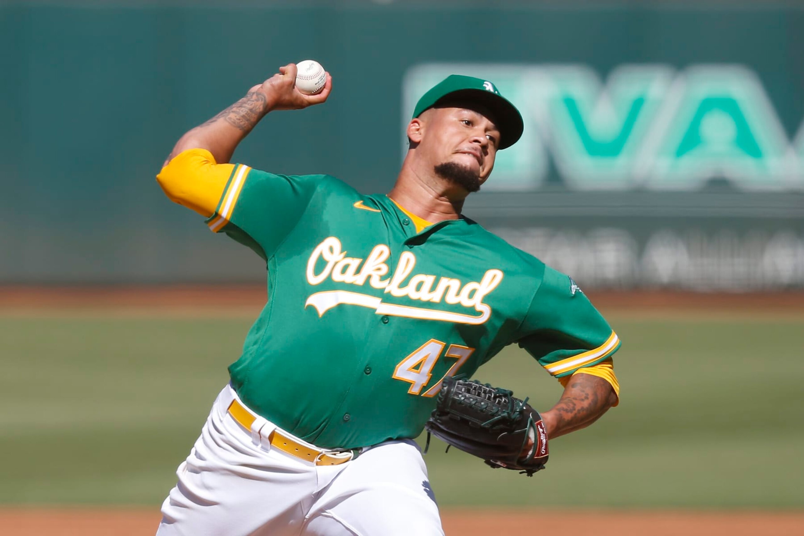 OAKLAND, CALIFORNIA - JULY 21: Frankie Montas #47 of the Oakland Athletics pitches in the top of the second inning against the Detroit Tigers during game two of a doubleheader at RingCentral Coliseum on July 21, 2022 in Oakland, California. (Photo by Lachlan Cunningham/Getty Images)