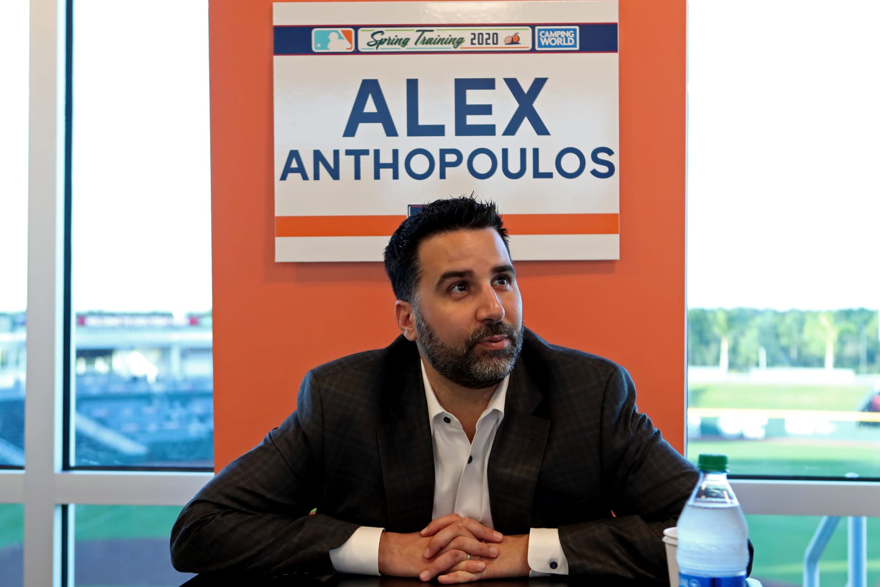 NORTH PORT, FL - FEBRUARY 16:  Atlanta Braves General Manager Alex Anthopoulos talks to the media during the Grape Fruit League Media Availability at CoolToday Park on Monday, February 16, 2020 in North Port, Florida. (Photo by Mary DeCicco/MLB Photos via Getty Images)