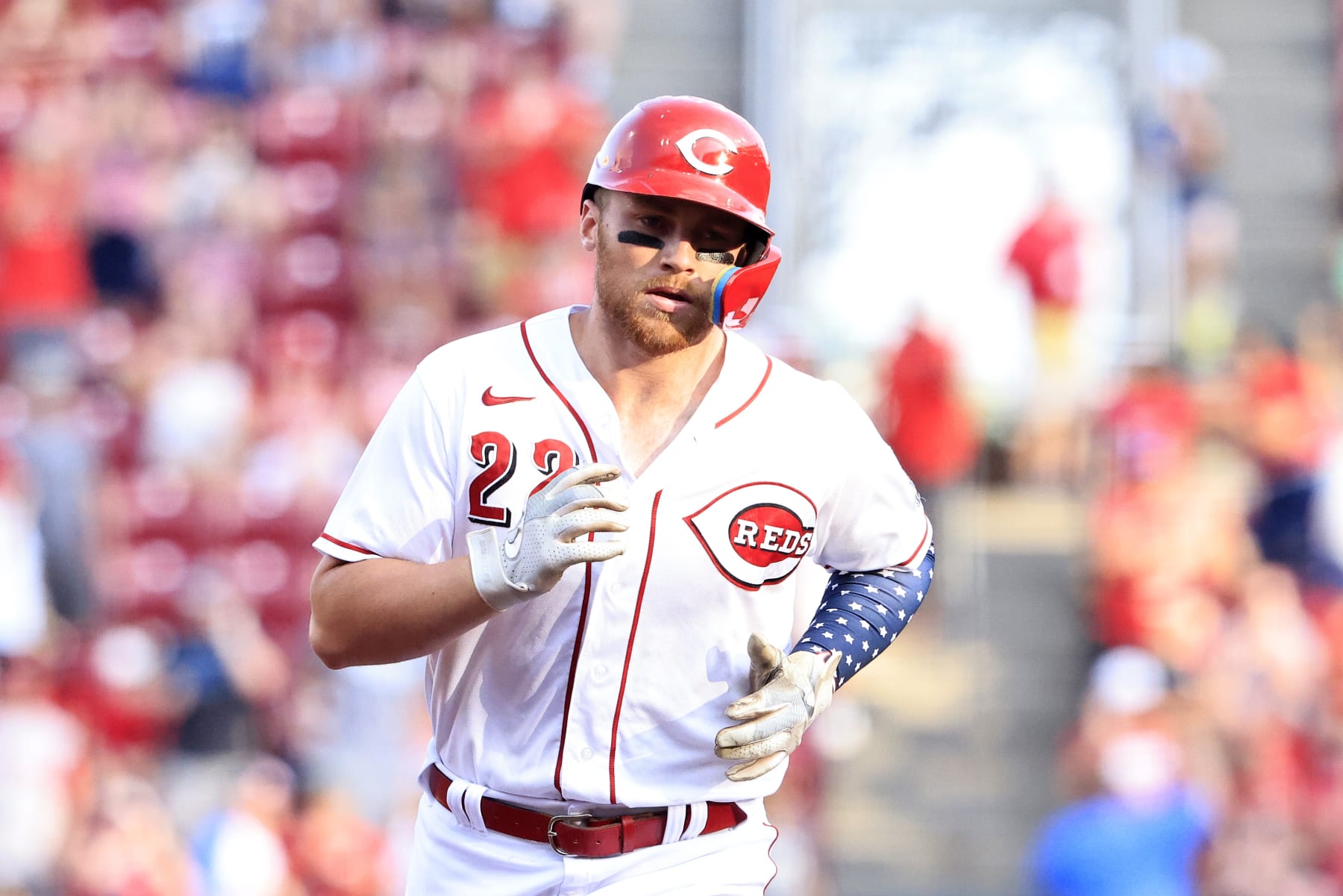 CINCINNATI, OHIO - JULY 04: Brandon Drury #22 of the Cincinnati Reds runs the bases after hitting a home run in the game against the New York Mets at Great American Ball Park on July 04, 2022 in Cincinnati, Ohio. (Photo by Justin Casterline/Getty Images)