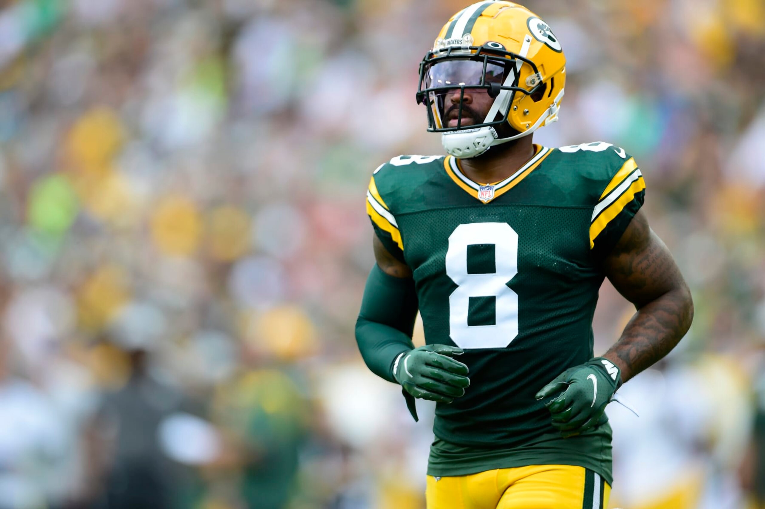 GREEN BAY, WISCONSIN - AUGUST 21: Amari Rodgers #8 of the Green Bay Packers in action against the New York Jets in the first half of a preseason game at Lambeau Field on August 21, 2021 in Green Bay, Wisconsin. (Photo by Patrick McDermott/Getty Images)