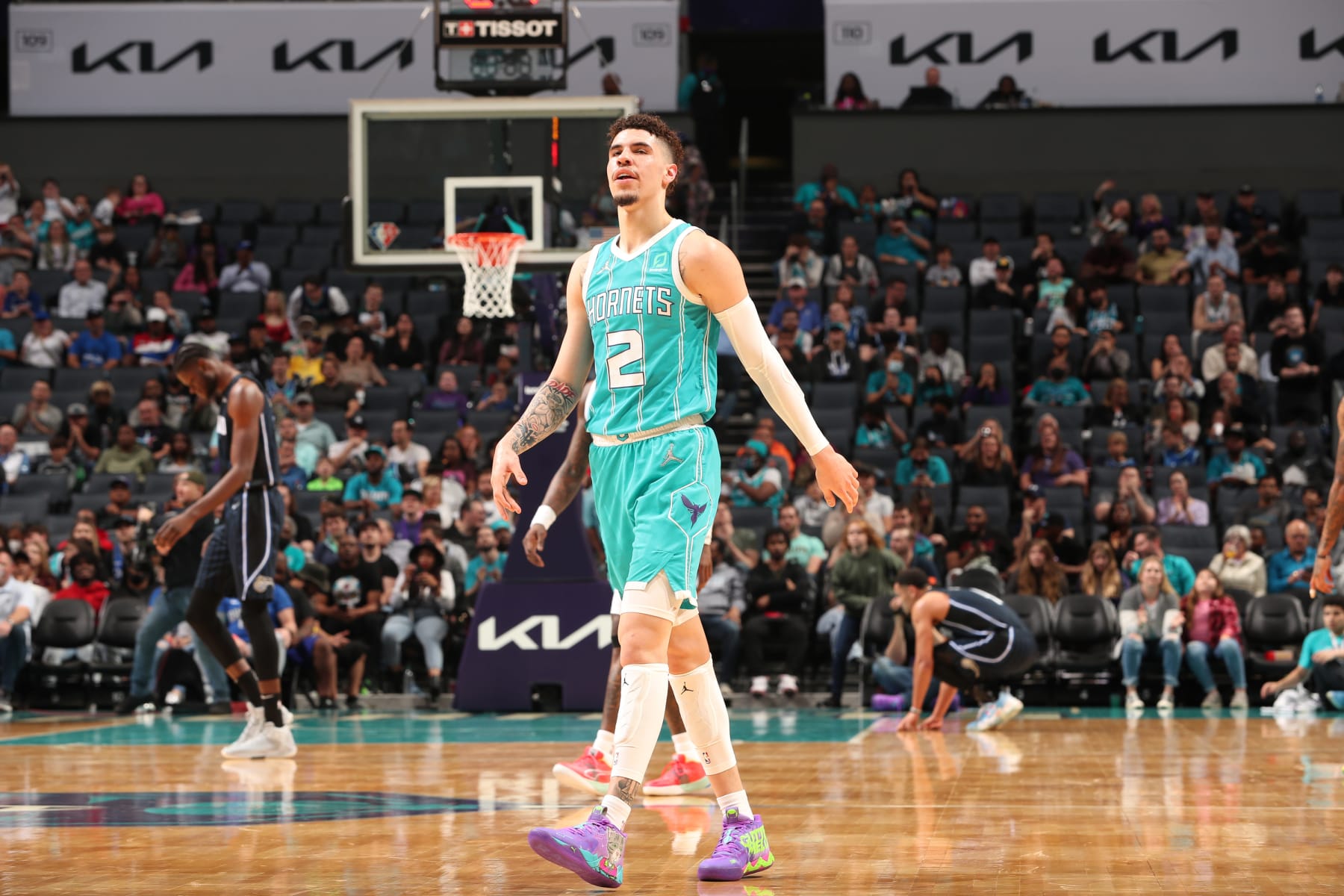 CHARLOTTE, NC - APRIL 7: LaMelo Ball #2 of the Charlotte Hornets looks on against the Orlando Magic on April 7, 2022 at Spectrum Center in Charlotte, North Carolina. NOTE TO USER: User expressly acknowledges and agrees that, by downloading and or using this photograph, User is consenting to the terms and conditions of the Getty Images License Agreement.  Mandatory Copyright Notice:  Copyright 2022 NBAE (Photo by Brock Williams-Smith/NBAE via Getty Images)