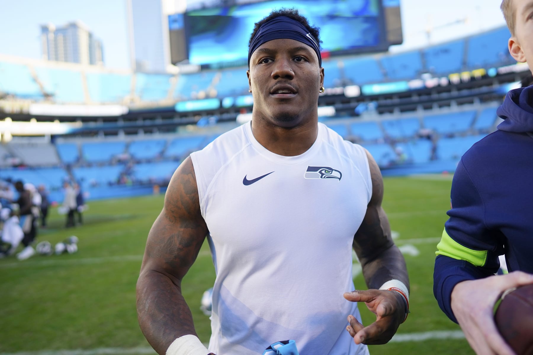 CHARLOTTE, NORTH CAROLINA - DECEMBER 15: Chris Carson #32 of the Seattle Seahawks after their game against the Carolina Panthers at Bank of America Stadium on December 15, 2019 in Charlotte, North Carolina. (Photo by Jacob Kupferman/Getty Images)