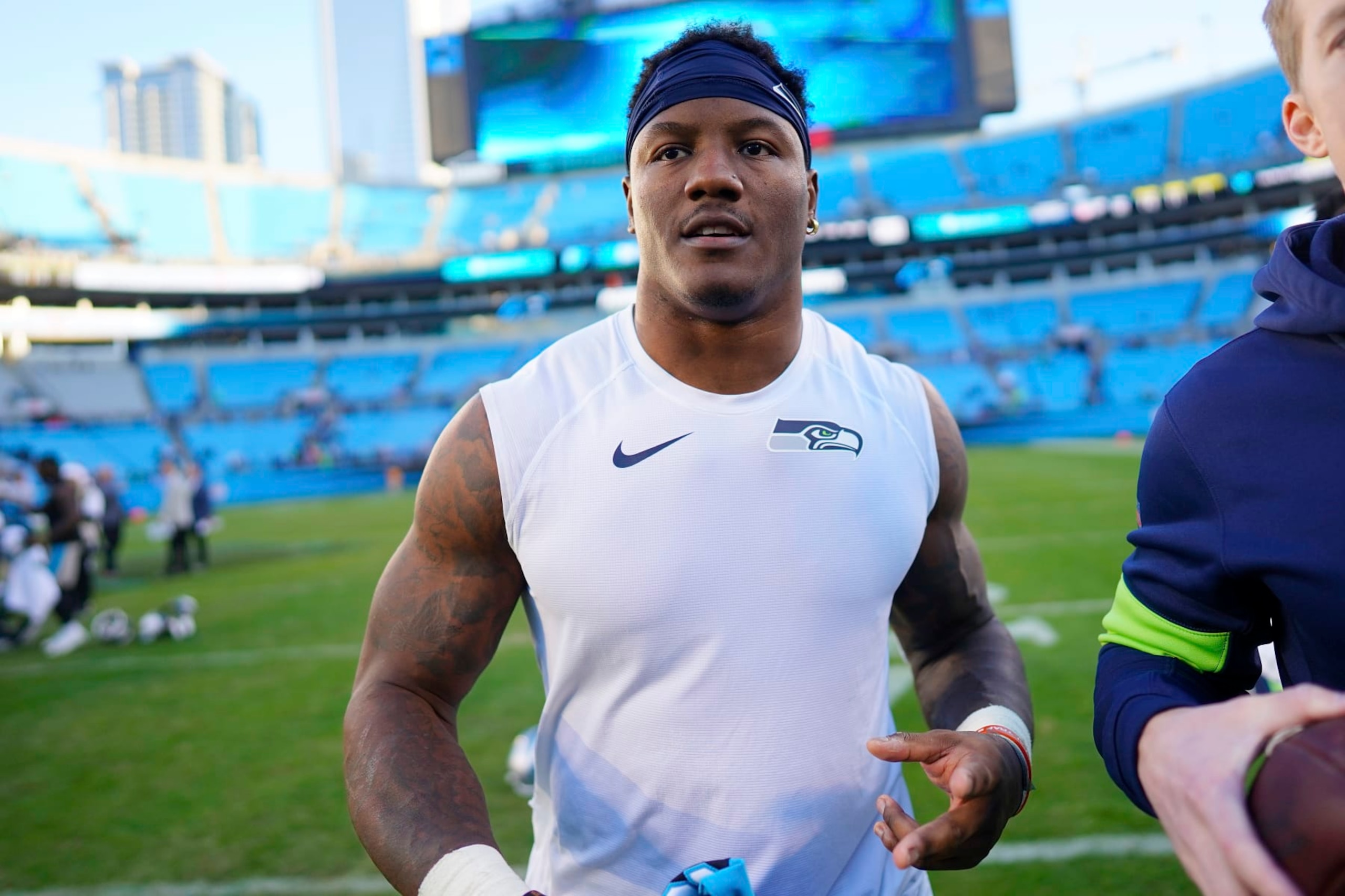 CHARLOTTE, NORTH CAROLINA - DECEMBER 15: Chris Carson #32 of the Seattle Seahawks after their game against the Carolina Panthers at Bank of America Stadium on December 15, 2019 in Charlotte, North Carolina. (Photo by Jacob Kupferman/Getty Images)
