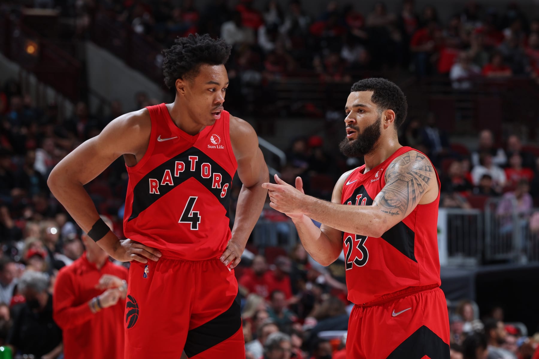 CHICAGO, IL - MARCH 21: Scottie Barnes #4 of the Toronto Raptors talks with Fred VanVleet #23 of the Toronto Raptors during the game against the Chicago Bulls on March 21, 2022 at United Center in Chicago, Illinois. NOTE TO USER: User expressly acknowledges and agrees that, by downloading and or using this photograph, User is consenting to the terms and conditions of the Getty Images License Agreement. Mandatory Copyright Notice: Copyright 2022 NBAE (Photo by Jeff Haynes/NBAE via Getty Images) CHICAGO, IL - MARCH 21: Scottie Barnes #4 of the Toronto Raptors talks with Fred VanVleet #23 of the Toronto Raptors during the game against the Chicago Bulls on March 21, 2022 at United Center in Chicago, Illinois. NOTE TO USER: User expressly acknowledges and agrees that, by downloading and or using this photograph, User is consenting to the terms and conditions of the Getty Images License Agreement. Mandatory Copyright Notice: Copyright 2022 NBAE (Photo by Jeff Haynes/NBAE via Getty Images)