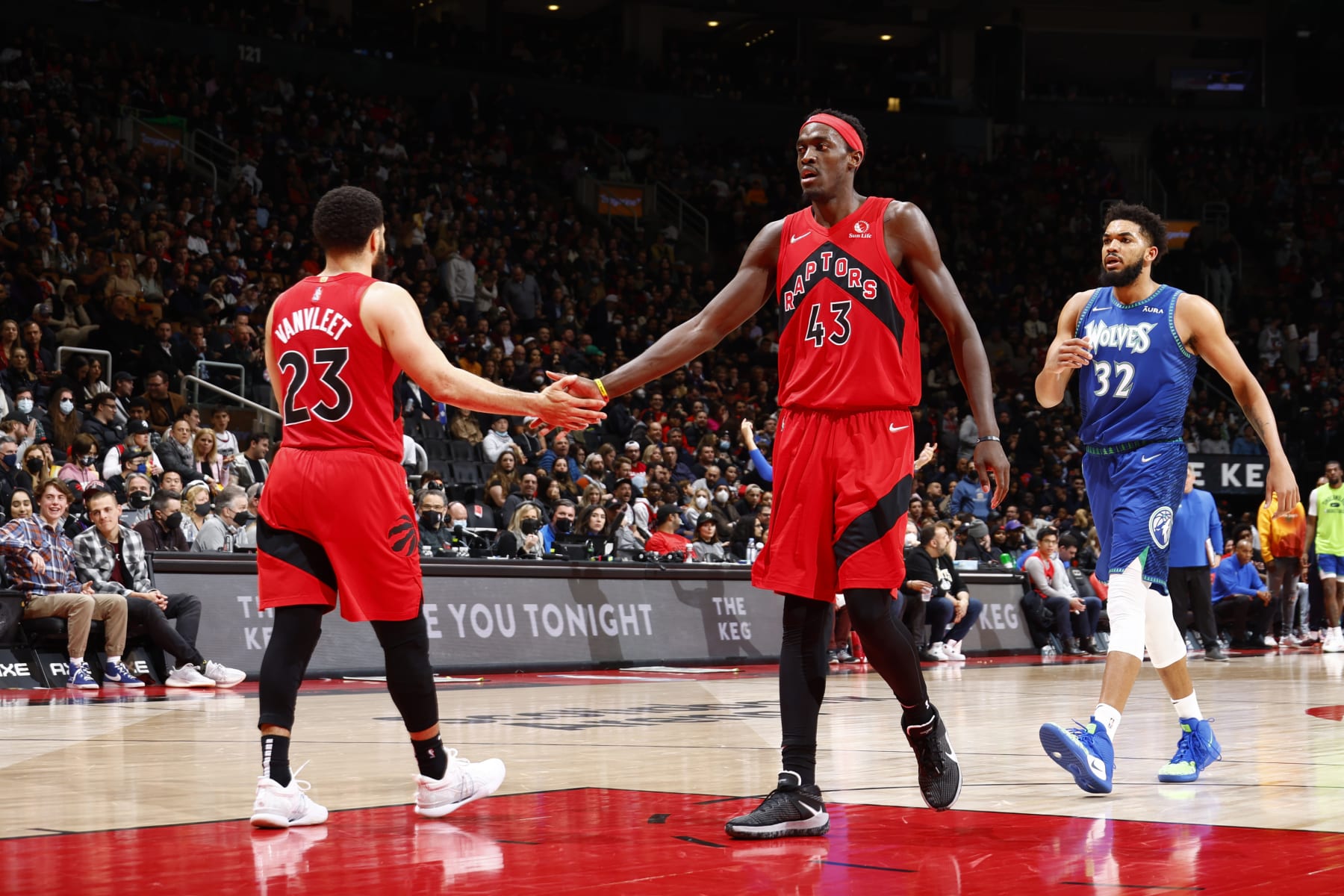 TORONTO, CANADA - MARCH 30: Fred VanVleet #23 hi-fives Pascal Siakam #43 of the Toronto Raptors during the game against the Minnesota Timberwolves on March 30, 2022 at the Scotiabank Arena in Toronto, Ontario, Canada. NOTE TO USER: User expressly acknowledges and agrees that, by downloading and or using this Photograph, user is consenting to the terms and conditions of the Getty Images License Agreement. Mandatory Copyright Notice: Copyright 2022 NBAE (Photo by Vaughn Ridley/NBAE via Getty Images) TORONTO, CANADA - MARCH 30: Fred VanVleet #23 hi-fives Pascal Siakam #43 of the Toronto Raptors during the game against the Minnesota Timberwolves on March 30, 2022 at the Scotiabank Arena in Toronto, Ontario, Canada. NOTE TO USER: User expressly acknowledges and agrees that, by downloading and or using this Photograph, user is consenting to the terms and conditions of the Getty Images License Agreement. Mandatory Copyright Notice: Copyright 2022 NBAE (Photo by Vaughn Ridley/NBAE via Getty Images)