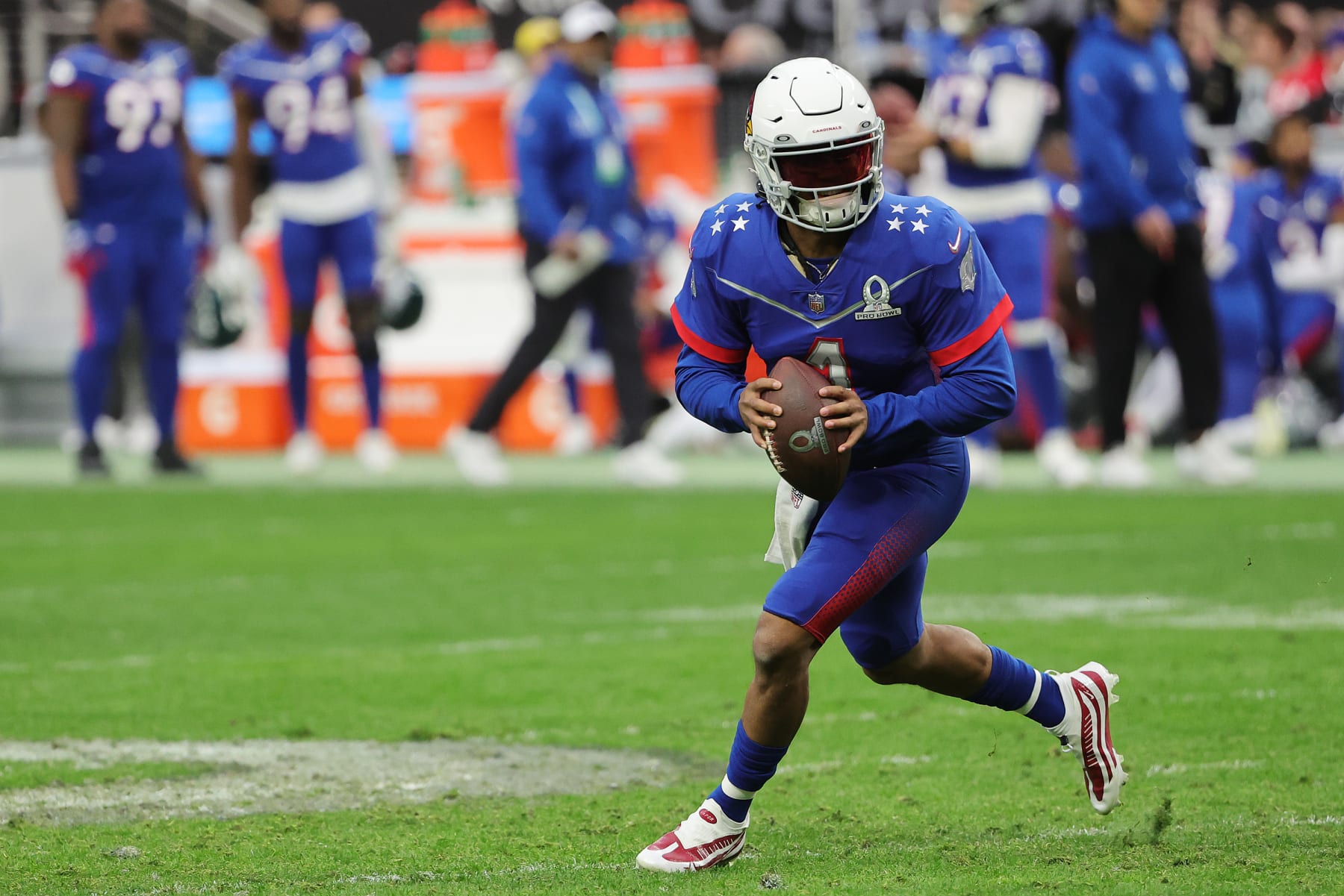 LAS VEGAS, NEVADA - FEBRUARY 06: Kyler Murray #1 of the Arizona Cardinals looks to pass against the AFC during the second half of the 2022 NFL Pro Bowl at Allegiant Stadium on February 06, 2022 in Las Vegas, Nevada.  (Photo by Ethan Miller/Getty Images)