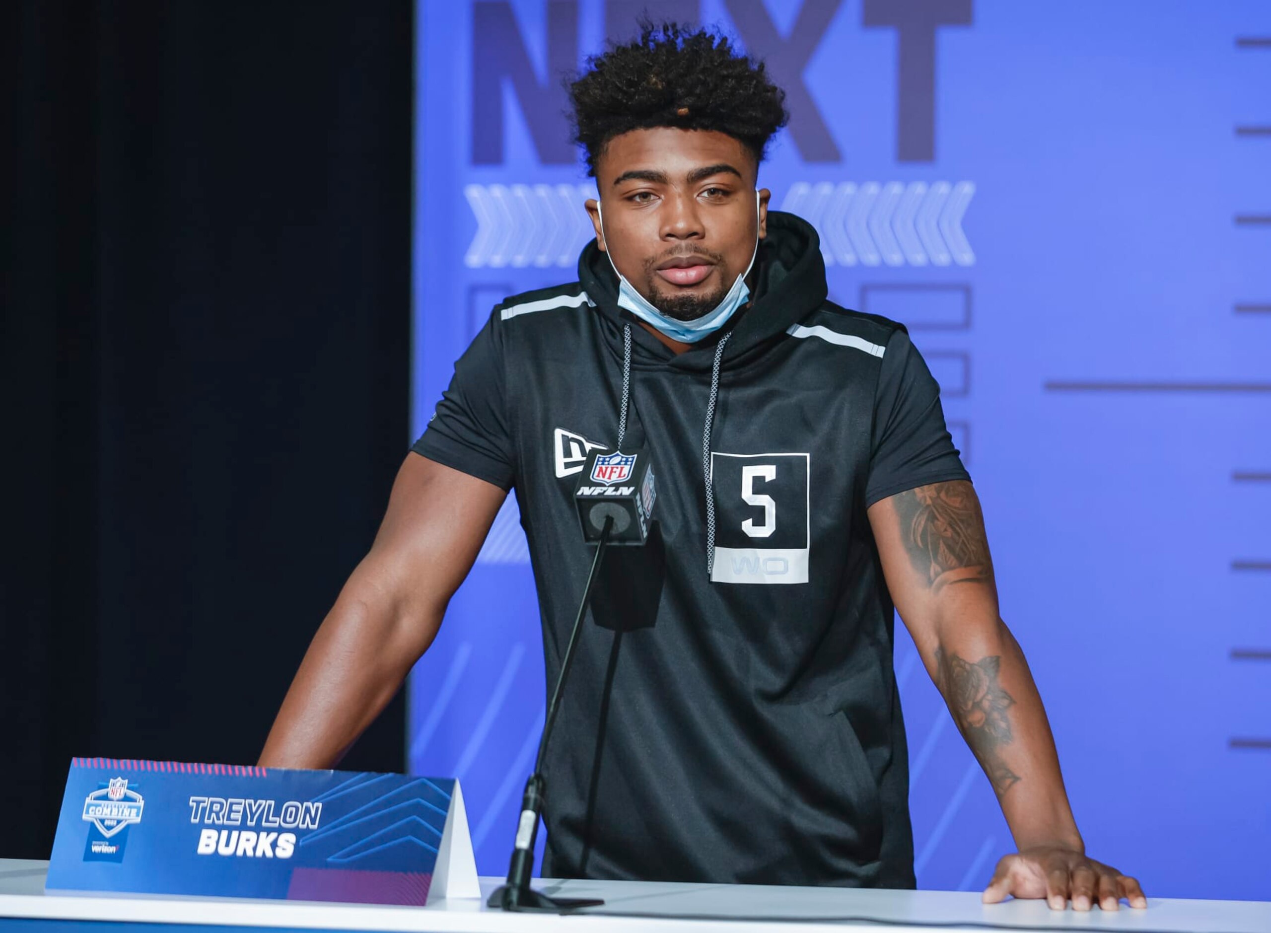INDIANAPOLIS, IN - MAR 02: Treylon Burks #WO05 of the Arkansas Razorbacks speaks to reporters during the NFL Draft Combine at the Indiana Convention Center on March 2, 2022 in Indianapolis, Indiana. (Photo by Michael Hickey/Getty Images)