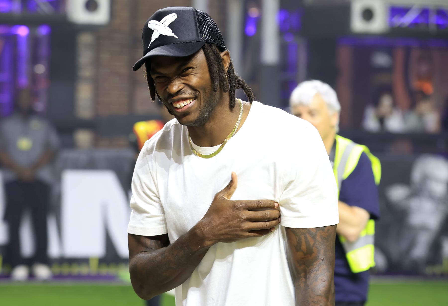 ATLANTA, GEORGIA - MAY 07: Julio Jones attends the game between the Zappers and Beasts during Fan Controlled Football Season v2.0 - Week Four on May 07, 2022 in Atlanta, Georgia. (Photo by Justin Casterline/Fan Controlled Football/Getty Images)