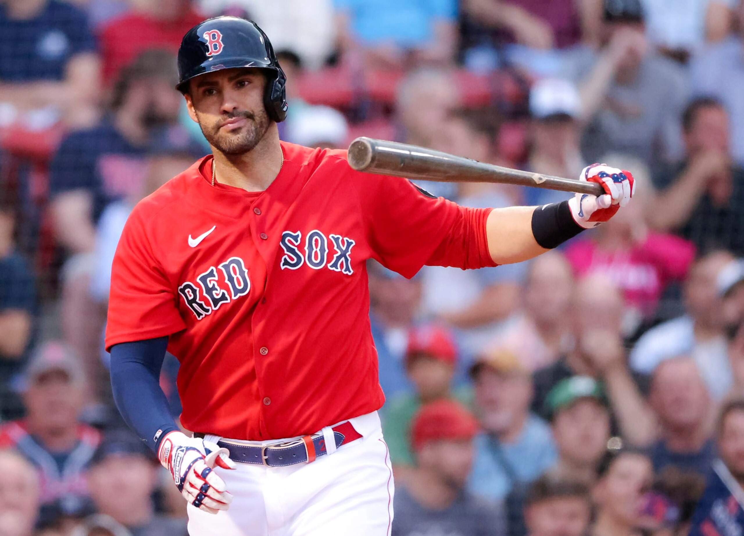 Boston, MA - July 6: Boston Red Sox J.D. Martinez reacts after striking out against New York Yankees Gerrit Cole during first inning MLB action at Fenway Park.  (Photo by Matthew J. Lee/The Boston Globe via Getty Images)