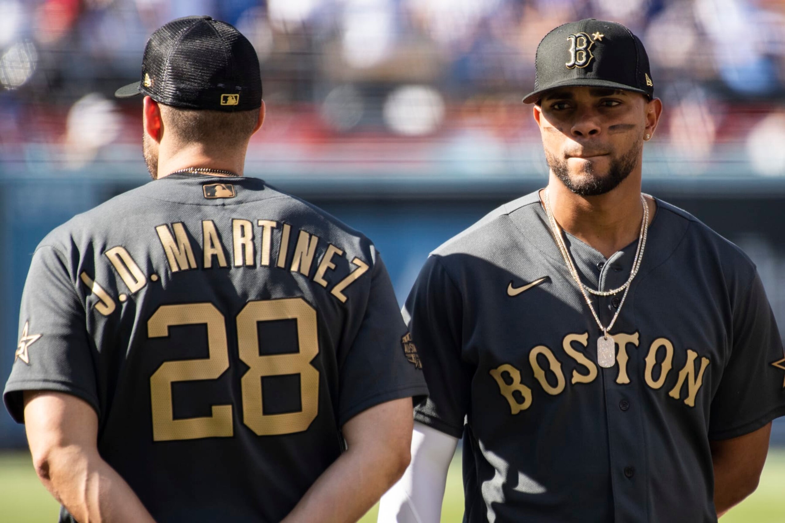 LOS ANGELES, CALIFORNIA - JULY 19: J.D. Martinez #28 and Xander Bogaerts #2 of the Boston Red Sox are introduced during the 92nd MLB All-Star Game presented by Mastercard on July 19, 2022 at Dodger Stadium in Los Angeles, California. (Photo by Billie Weiss/Boston Red Sox/Getty Images)