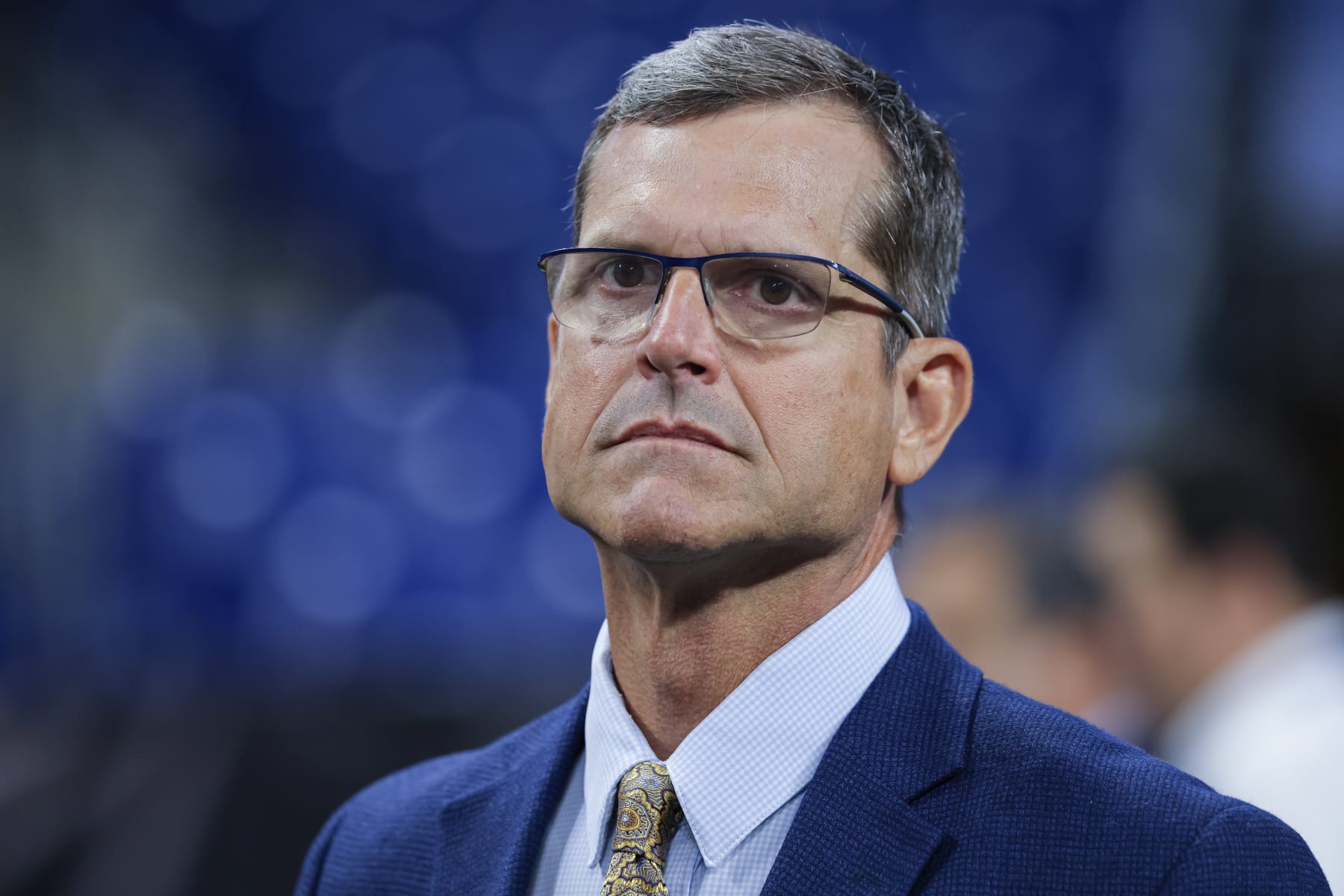 INDIANAPOLIS, IN - JULY 26: Head coach Jim Harbaugh of the Michigan Wolverines is seen during the 2022 Big Ten Conference Football Media Days at Lucas Oil Stadium on July 26, 2022 in Indianapolis, Indiana. (Photo by Michael Hickey/Getty Images)