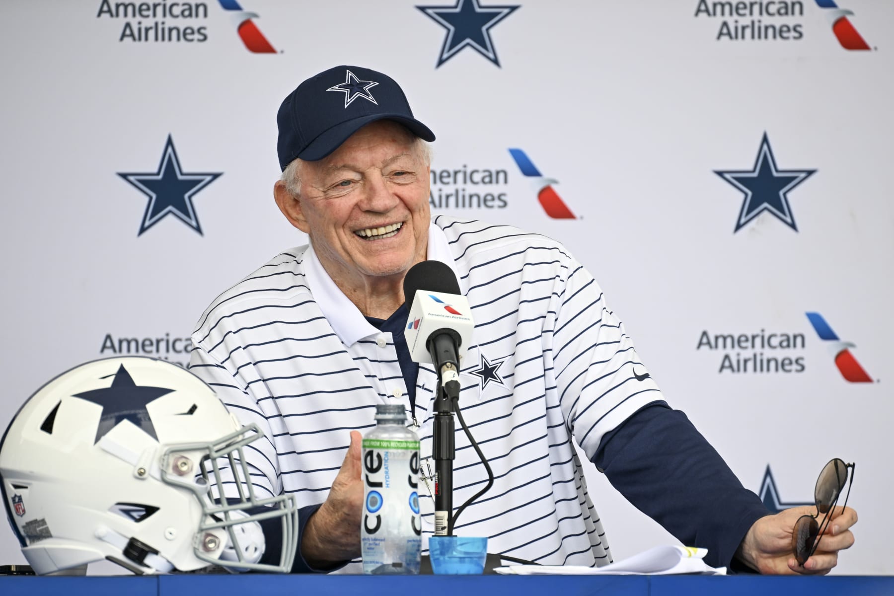 Dallas Cowboys owner Jerry Jones takes questions from the media at the start of NFL football training camp, Tuesday, July 26, 2022, in Oxnard, Calif. (AP Photo/Gus Ruelas)