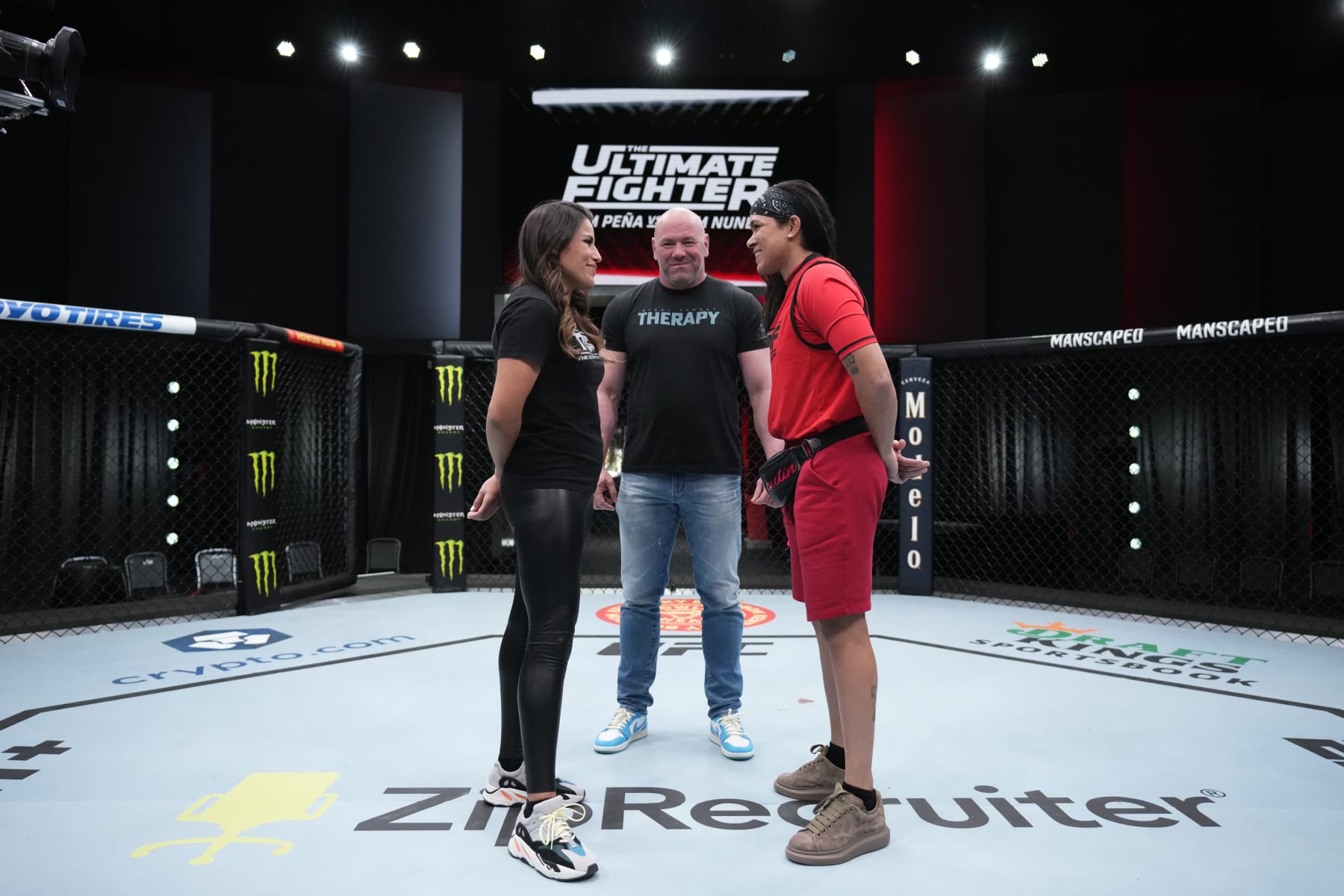 LAS VEGAS, NEVADA - MARCH 10:  (L-R) Julianna Pena and Amanda Nunes face off during the filming of The Ultimate Fighter at UFC APEX on March 10, 2022 in Las Vegas, Nevada. (Photo by Chris Unger/Zuffa LLC)