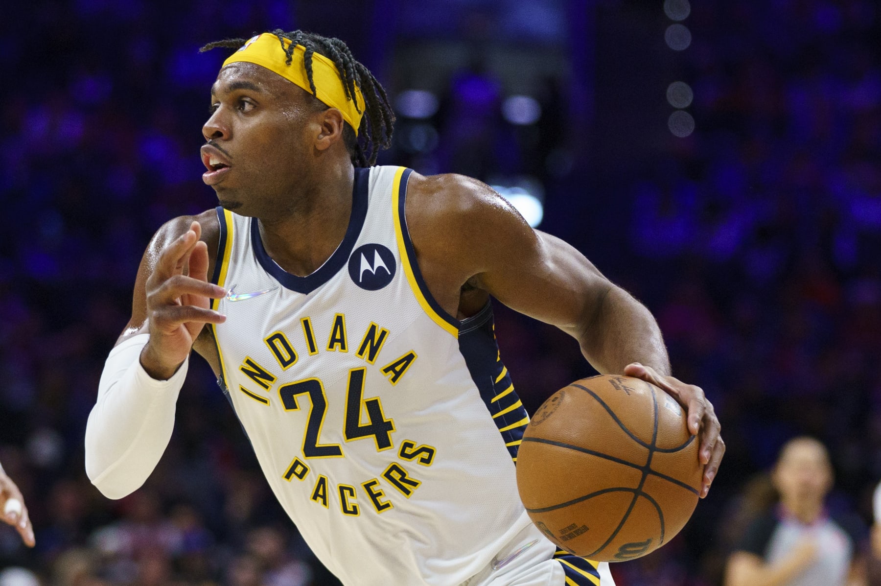 Indiana Pacers' Buddy Hield in action during an NBA basketball game against the Philadelphia 76ers, Saturday, April 9, 2022, in Philadelphia. The 76ers won 133-120. (AP Photo/Chris Szagola)