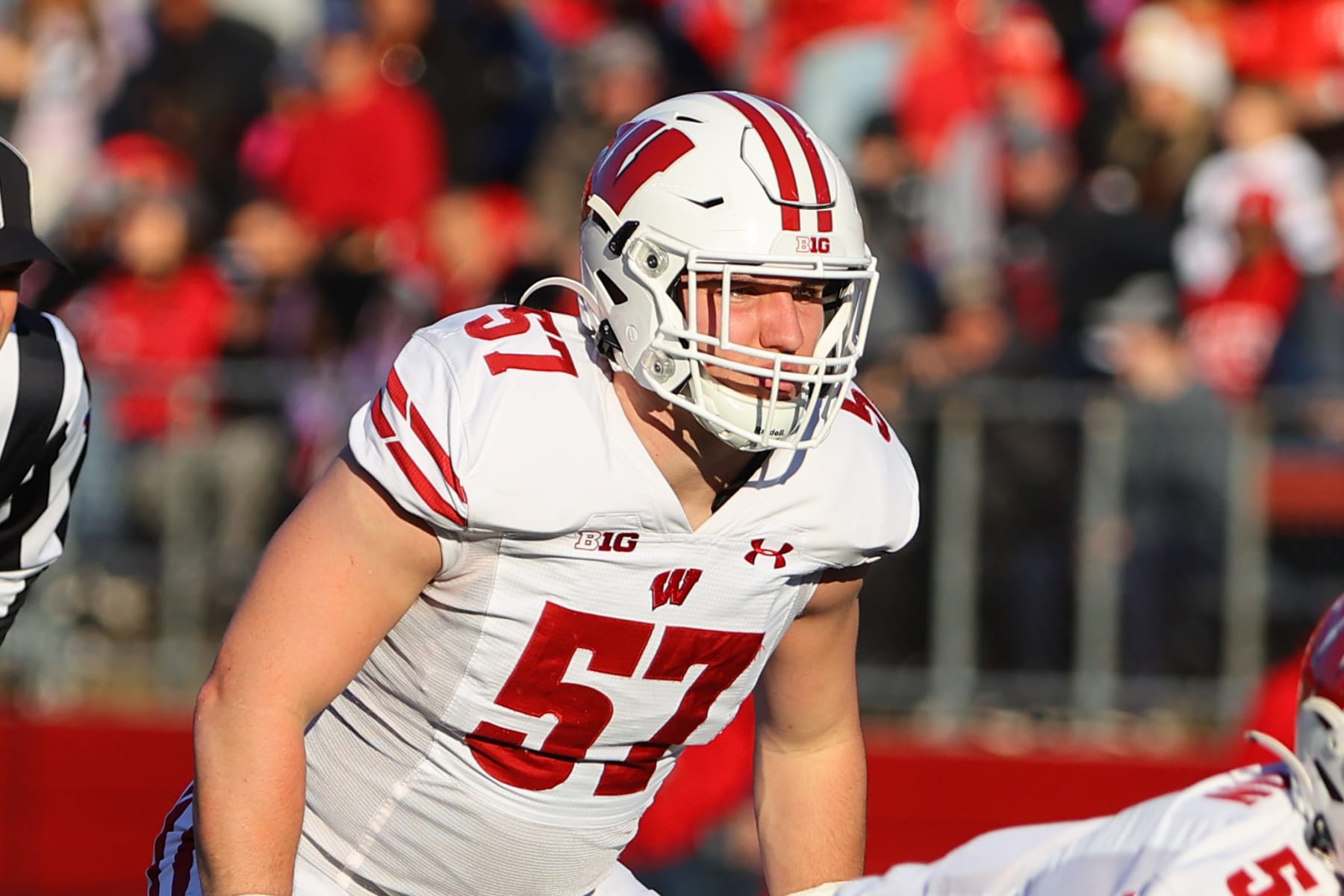 PISCATAWAY, NJ - NOVEMBER 06:  Wisconsin Badgers linebacker Jack Sanborn (57) during the college football game between the Rutgers Scarlet Knights and the Wisconsin Badgers on November 6, 2021 at SHI Stadium in Piscataway, NJ.  (Photo by Rich Graessle/Icon Sportswire via Getty Images)