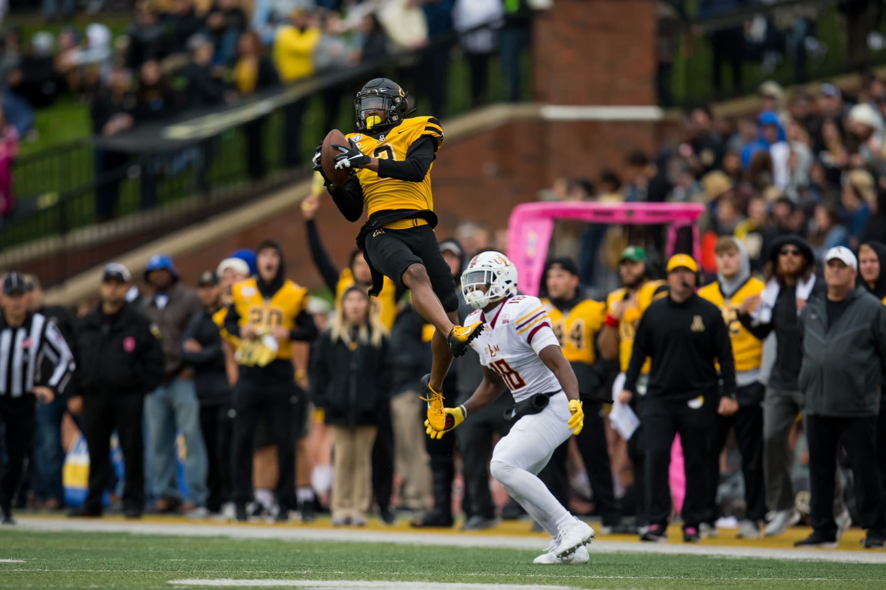 BOONE, NC - OCTOBER 19: Appalachian State University defensive back Shaun Jolly (3) intercepts a pass during a game between the University of Louisiana-Monroe Warhawks and the Appalachian State Mountaineers on October 19, 2019, at Kidd Brewer Stadium in Boone, NC.  (Photo by Mary Holt/Icon Sportswire via Getty Images)
