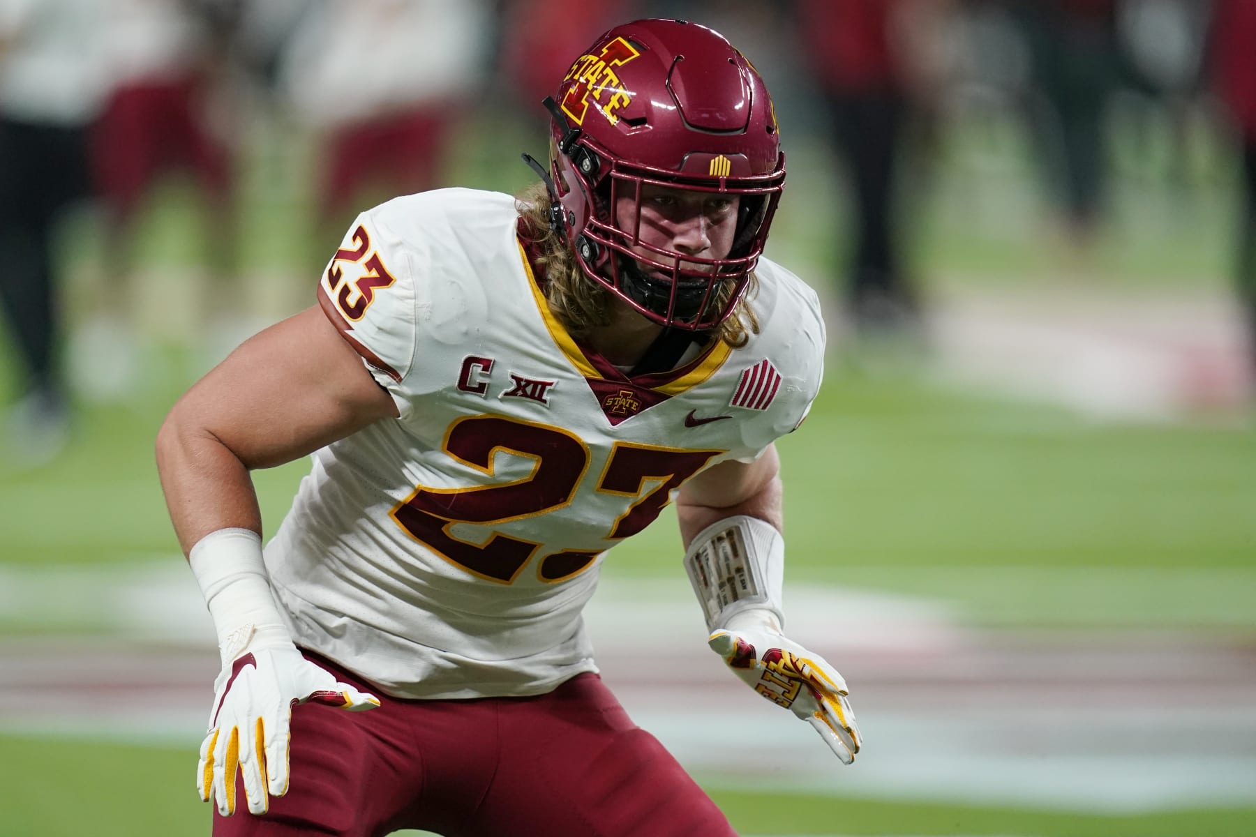 Iowa State Cyclones linebacker Mike Rose (23) warms up before an NCAA college football game Saturday, Sept. 18, 2021, in Las Vegas. (AP Photo/John Locher)
